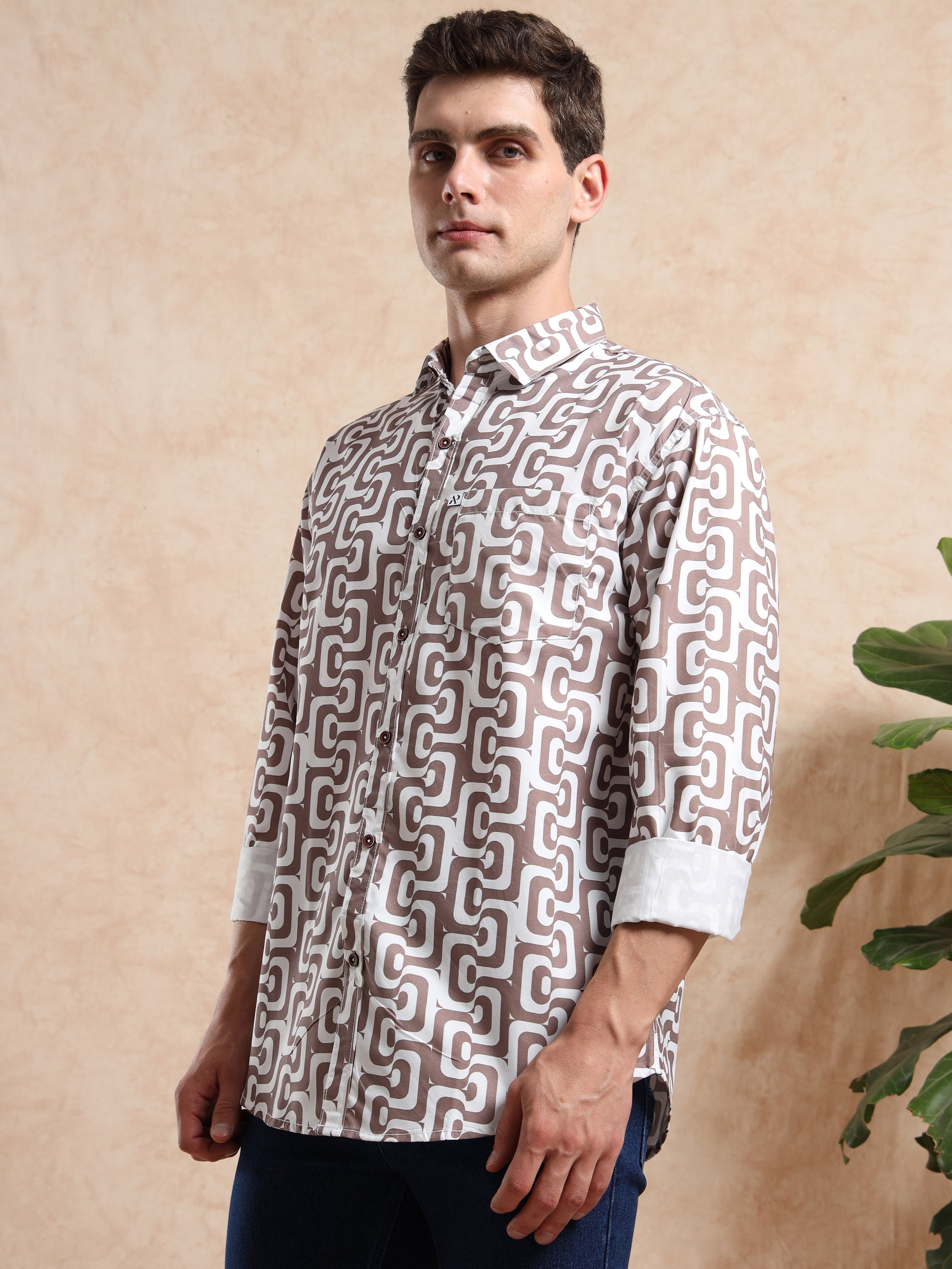 Men, slim-fit ash grey shirt with retro geometric pattern, casual yet classy style.
