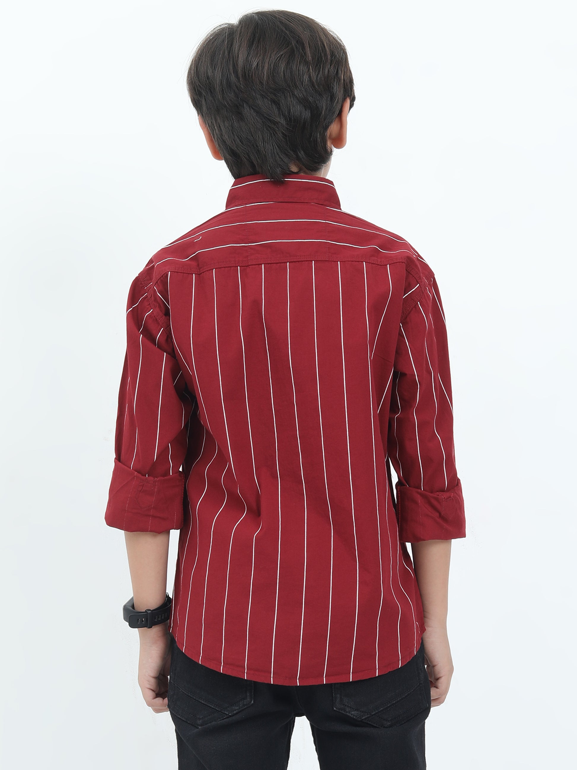 Person wearing a red striped shirt on a white background