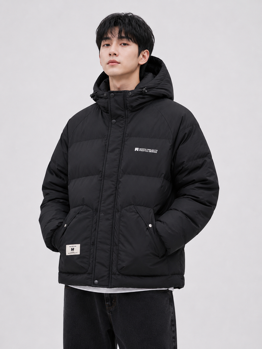Men's black hooded puffer jacket with insulated padding, high-neck hood, full sleeves, and side pockets