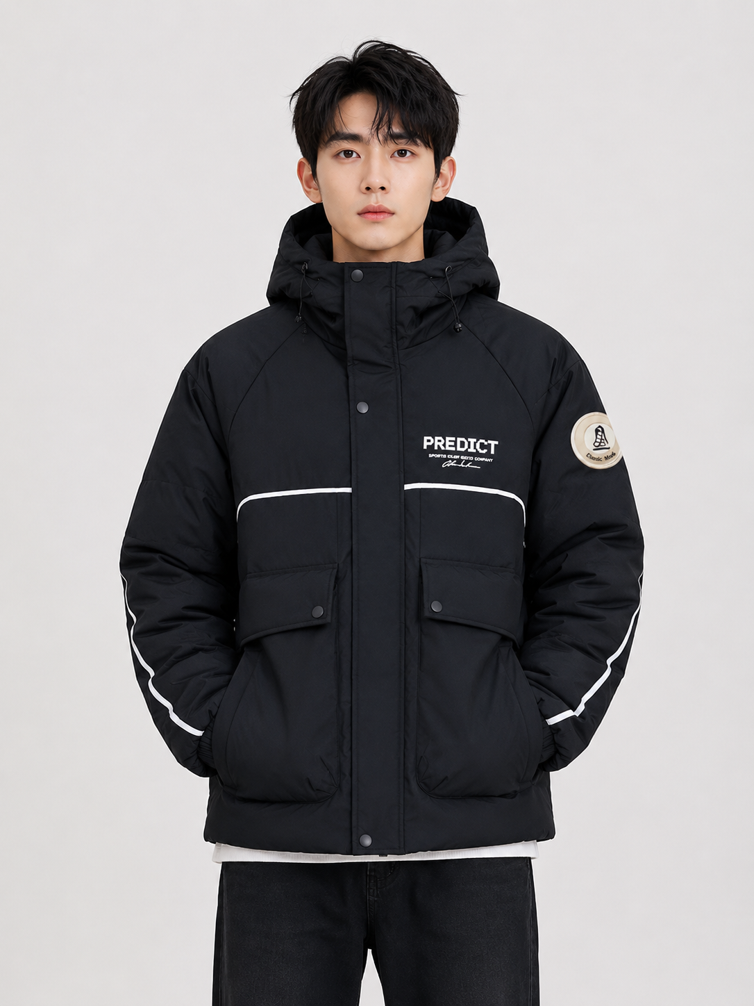 Men's black hooded puffer jacket with insulated padding, high-neck closure, utility flap pockets, contrast piping details, and full sleeves