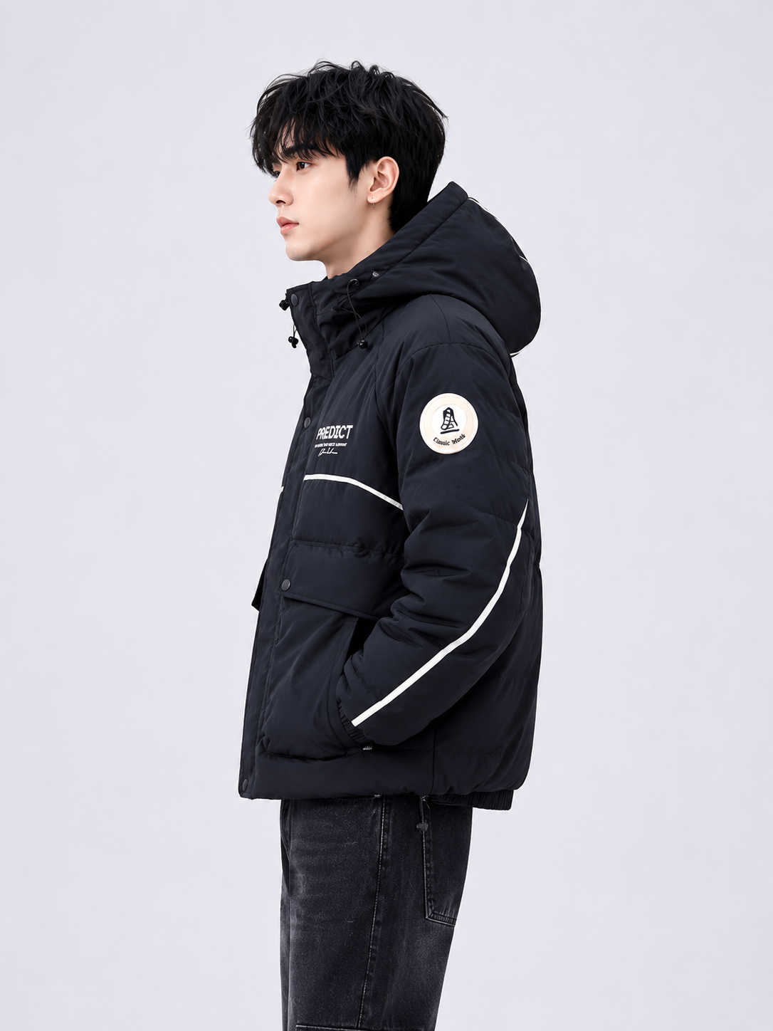 men's black insulated puffer jacket featuring an adjustable hood, high collar, utility pockets, and contrast sleeve piping for a modern winter look.