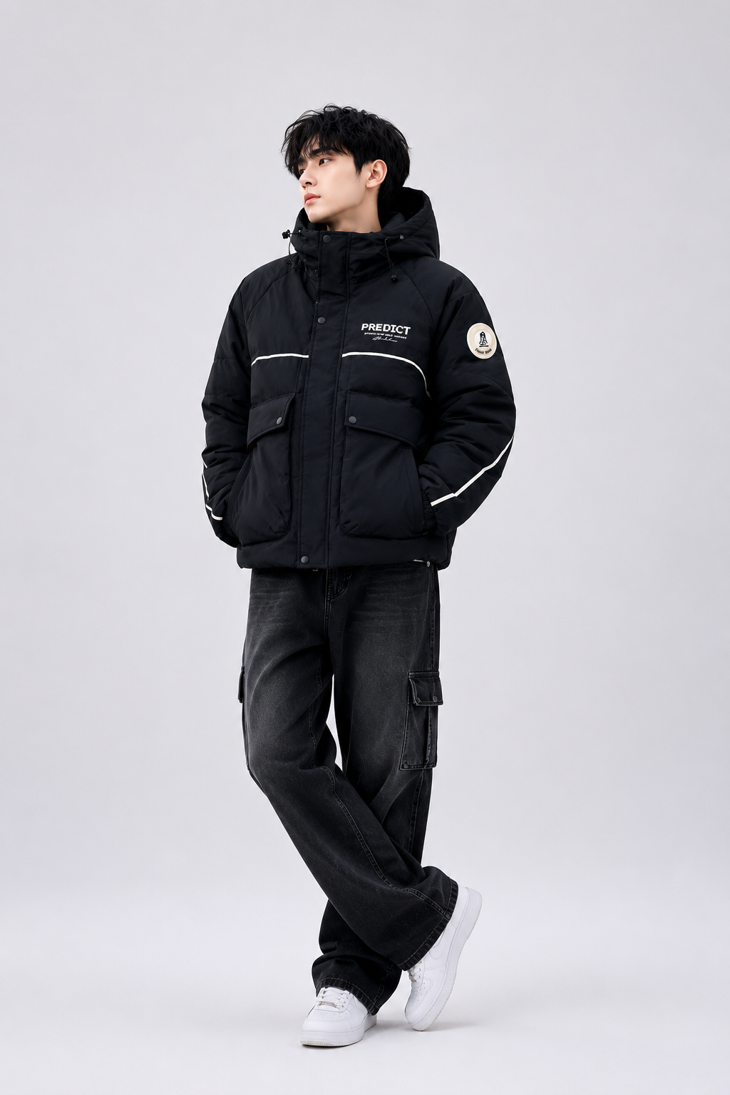 a black hooded puffer jacket with insulated padding, utility pockets, contrast piping accents, relaxed-fit jeans, and white sneakers