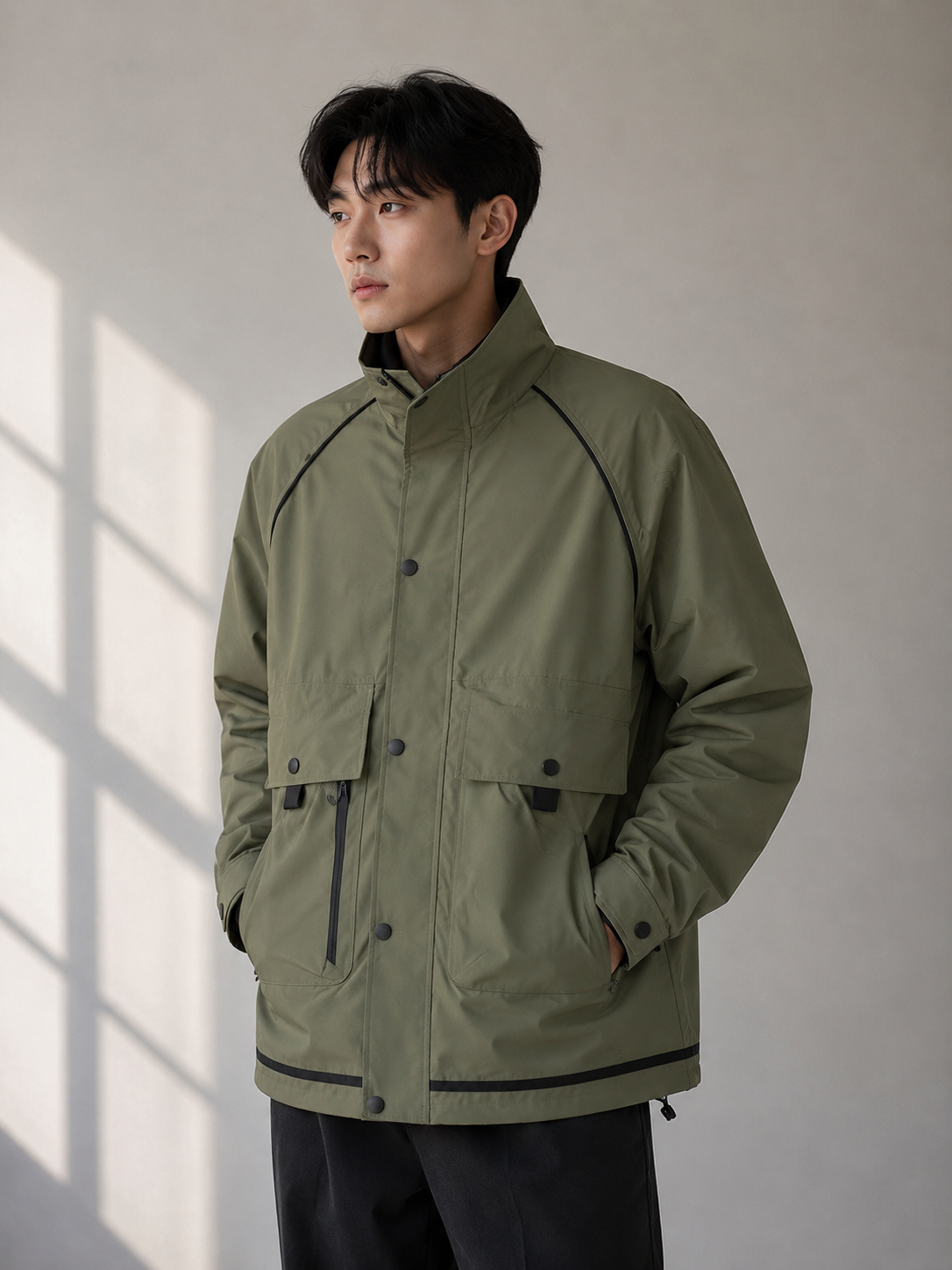 green utility jacket with high-neck collar, snap-button front closure, multiple flap pockets, and full sleeves, styled with black cargo pants