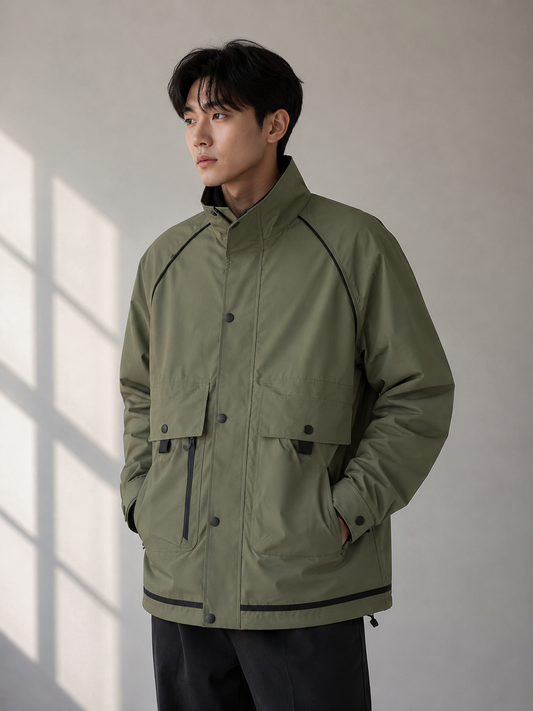 green utility jacket with high-neck collar, snap-button front closure, multiple flap pockets, and full sleeves, styled with black cargo pants