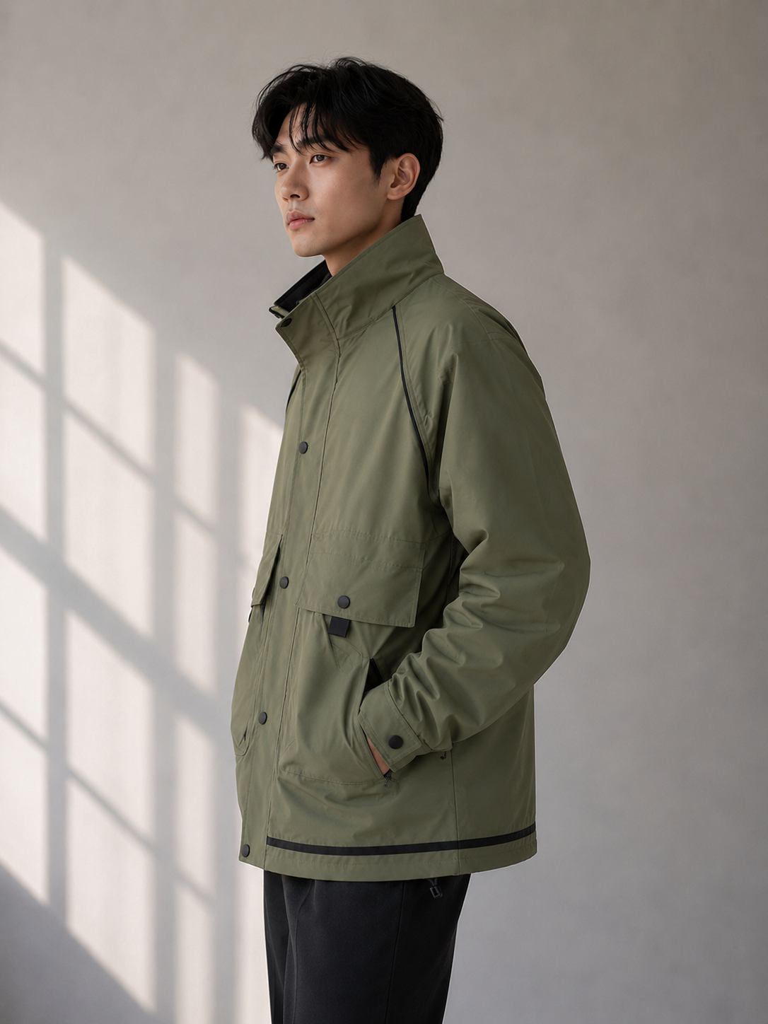 men's olive green utility jacket featuring a stand collar, structured silhouette, utility pocket details, and a regular fit for outdoor and casual wear.