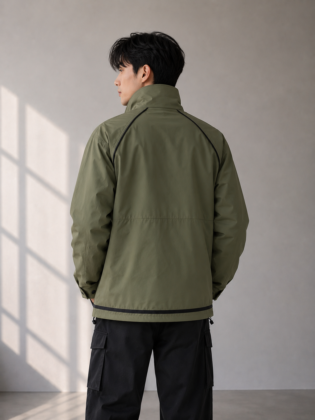 men's olive green utility jacket with high-neck collar, clean solid design, full sleeves, and a comfortable regular fit paired with black cargo trousers