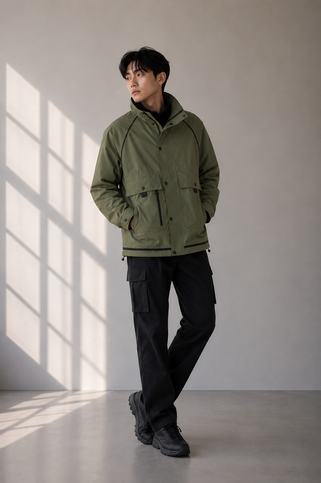 an olive green utility jacket with a high-neck collar, multiple pockets, black cargo pants, and outdoor-inspired styling