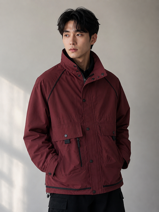 Men's maroon utility jacket with high-neck collar, snap-button front closure, multiple flap pockets, and full sleeves