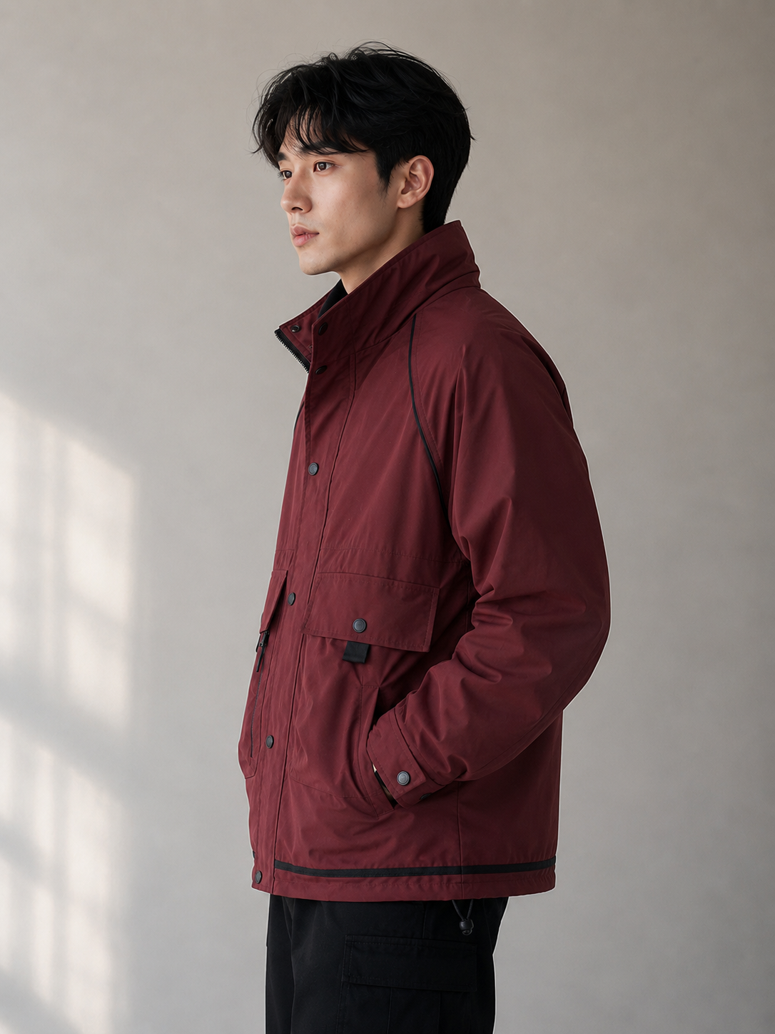 a men's maroon utility jacket featuring a stand collar, structured silhouette, full sleeves, and functional pocket detailing