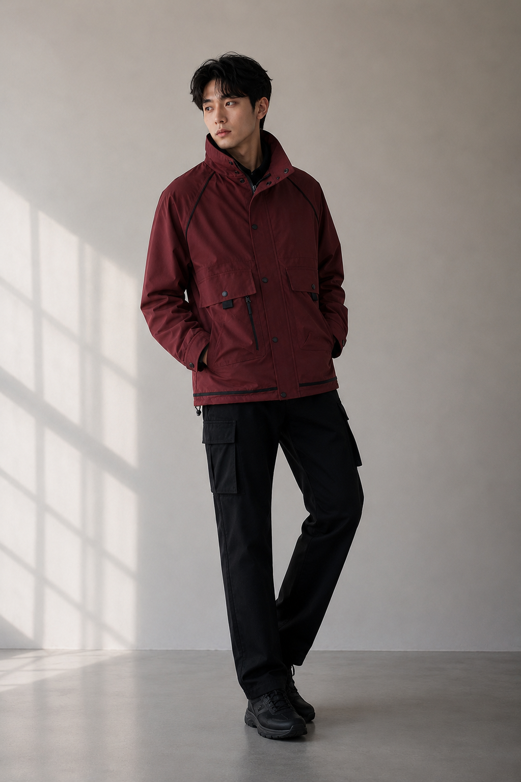 a maroon utility jacket with high-neck collar, multi-pocket design, snap-button closure, black cargo pants, and sneakers
