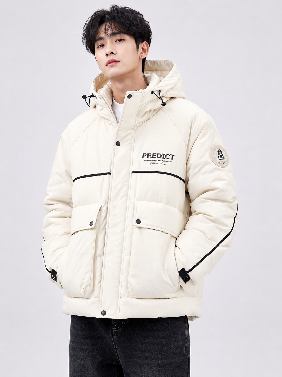Men's off white hooded puffer jacket with insulated padding, high-neck closure, utility flap pockets, contrast black piping, and full sleeves