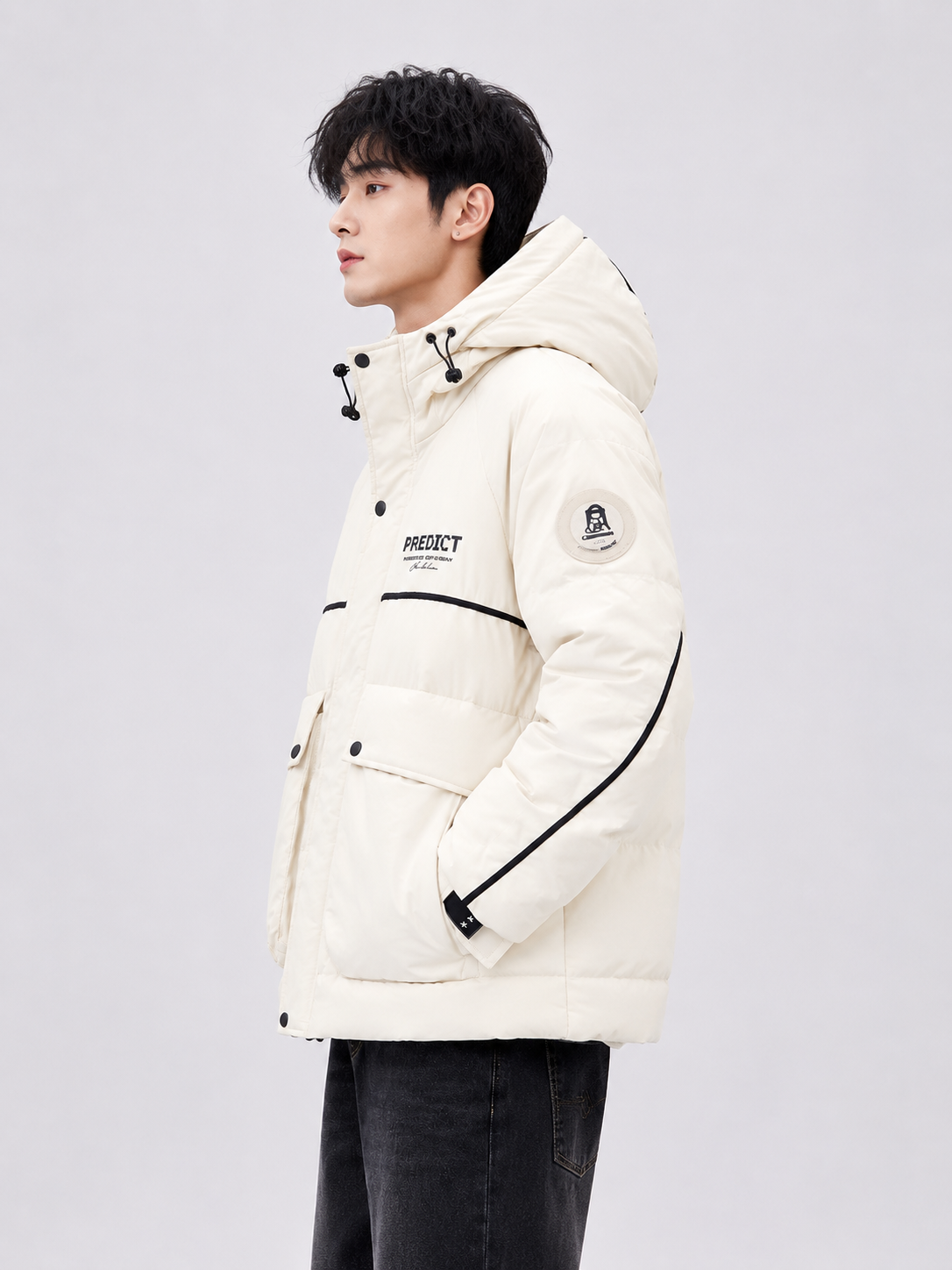 men's off white insulated puffer jacket featuring an adjustable hood, high collar, utility pockets, and contrast piping details for modern winter styling.