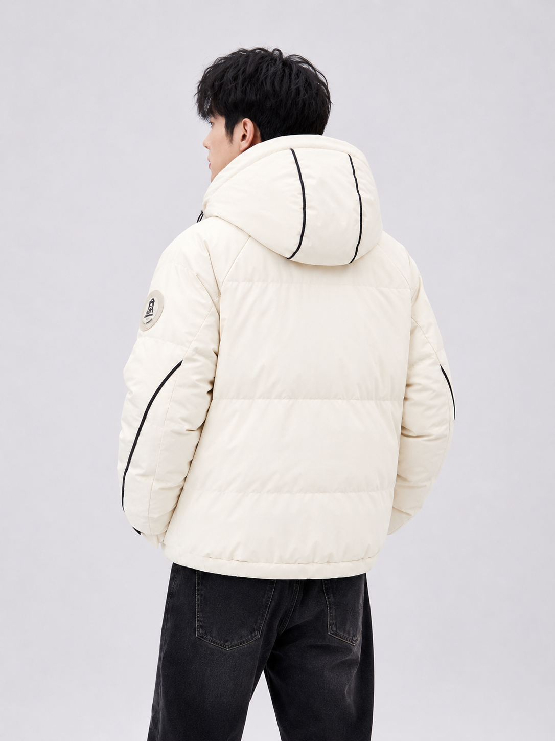 men's off white hooded winter puffer jacket with padded insulation, contrast hood piping, full sleeves, and a clean contemporary design.