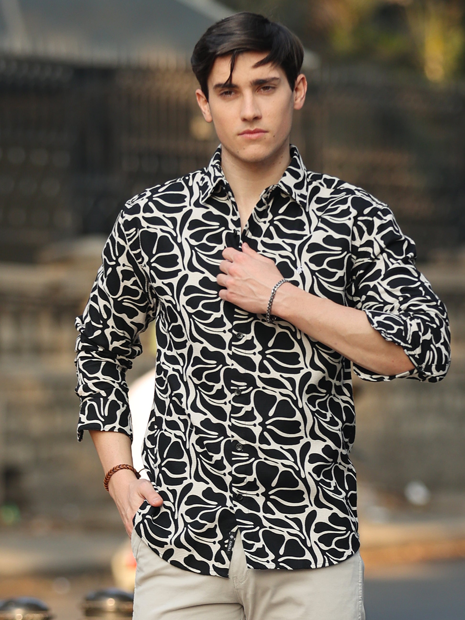rendy men's black and white patterned shirt with button-down front outdoor