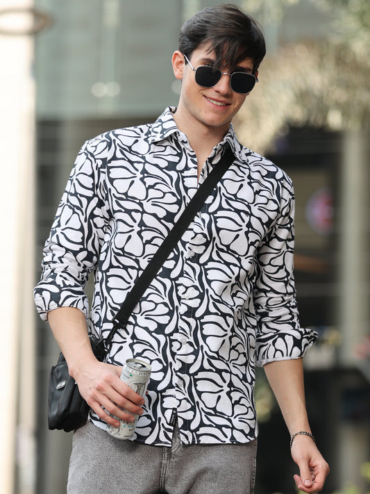 white and black printed shirt with abstract pattern street style look