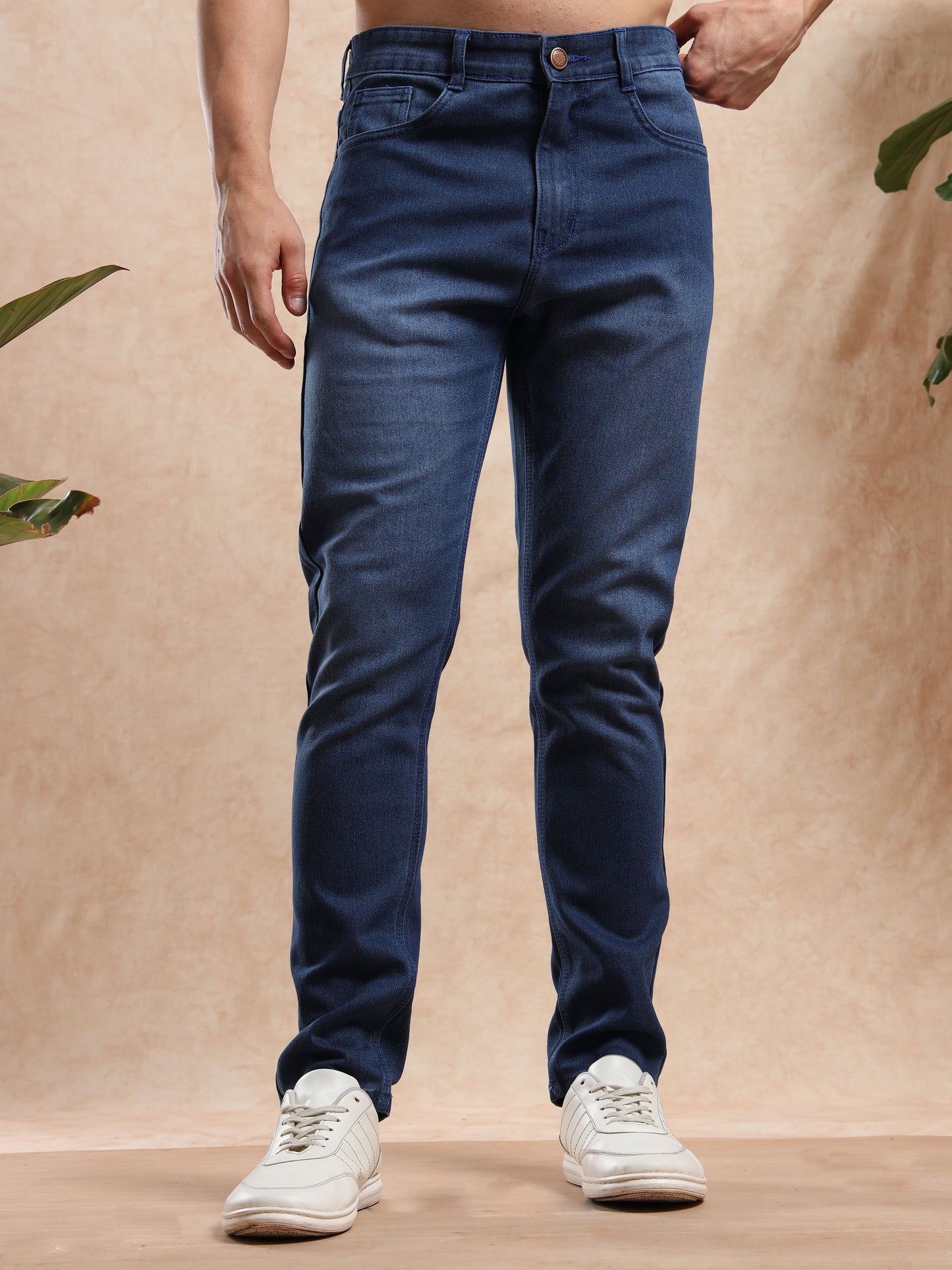 Mid blue slim fit jeans for men with button closure, classic everyday denim