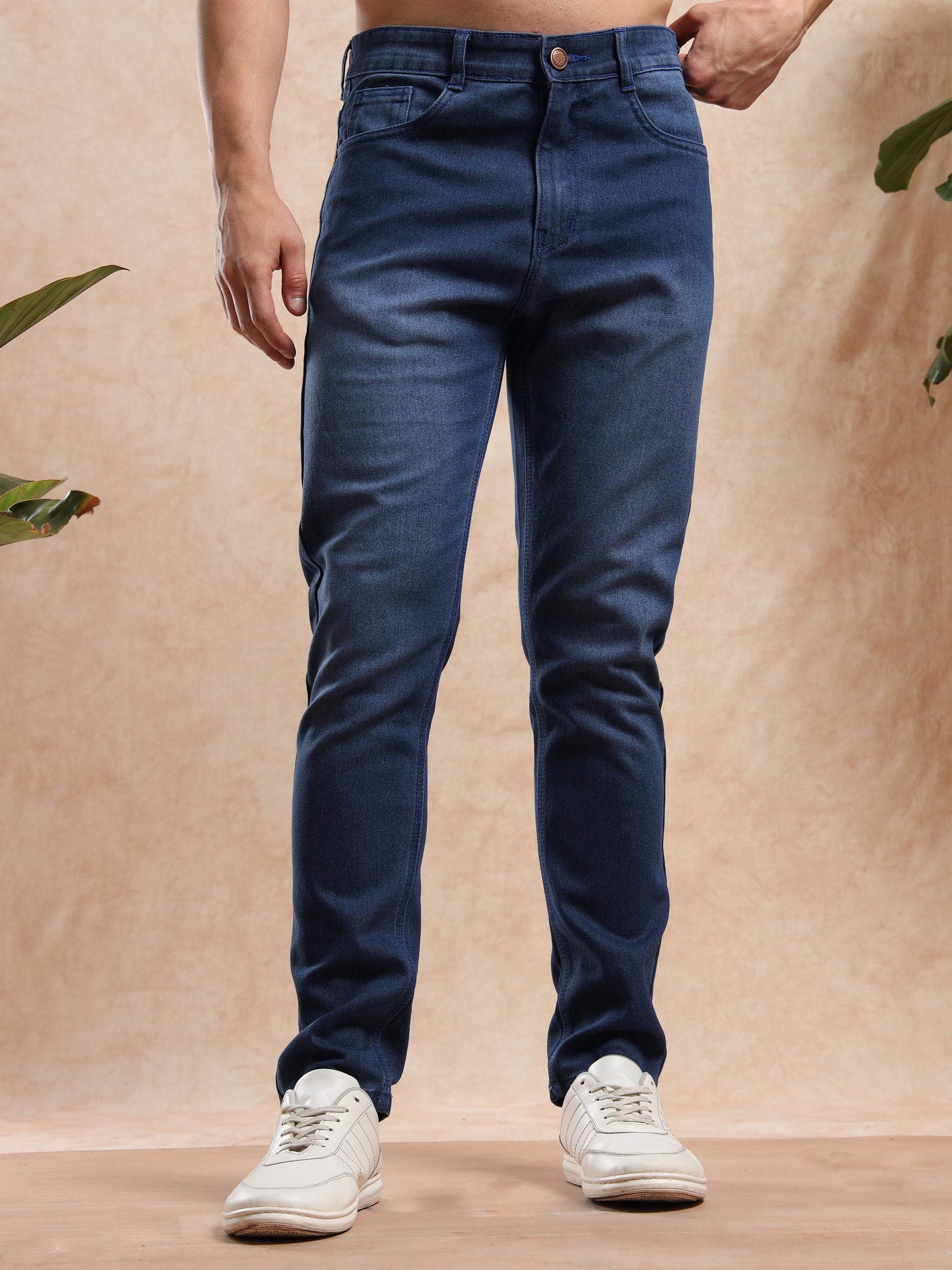 Mid blue slim fit jeans for men with button closure, classic everyday denim