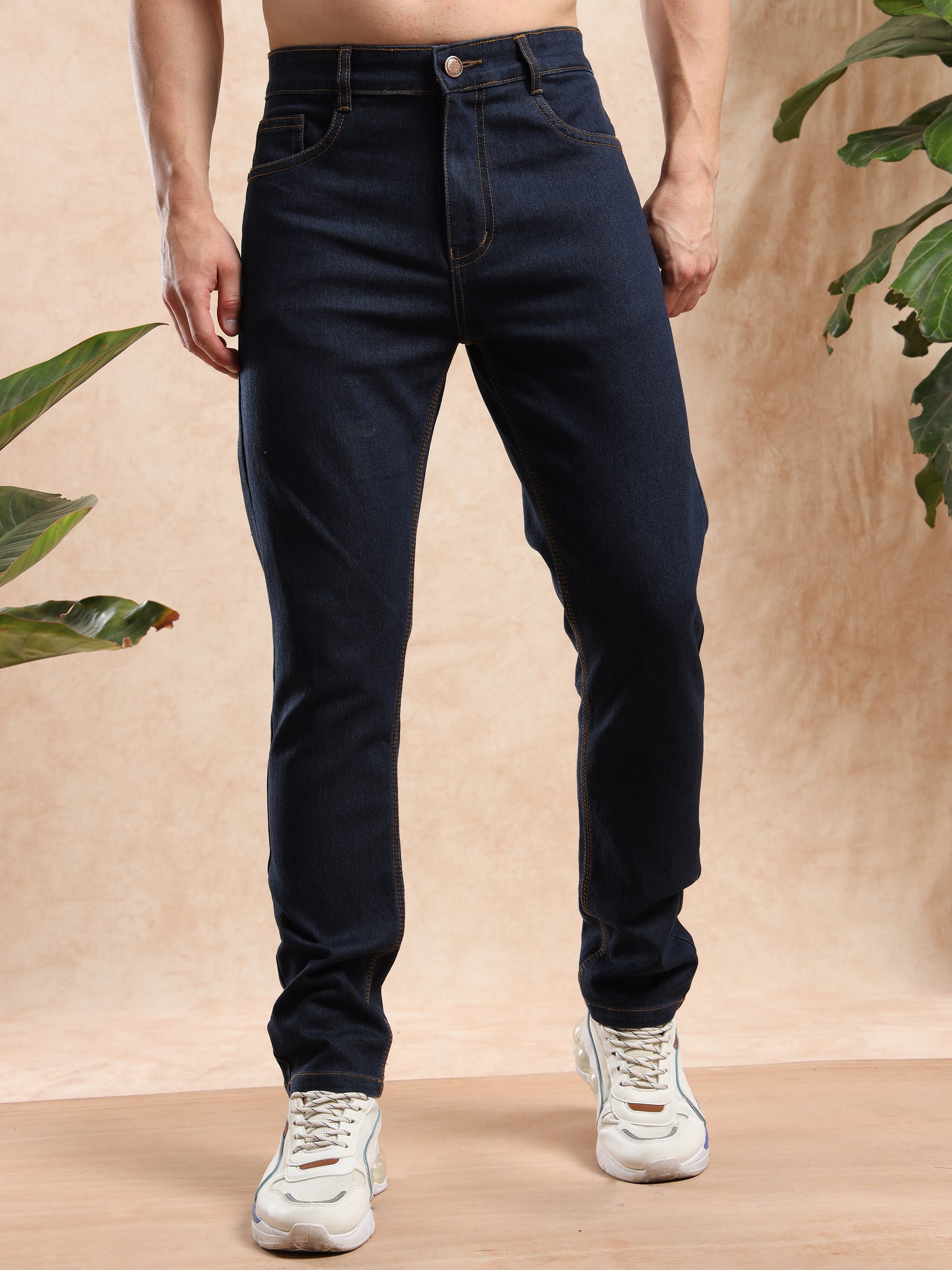 men, slim fit dark blue denim jeans with contrast stitching