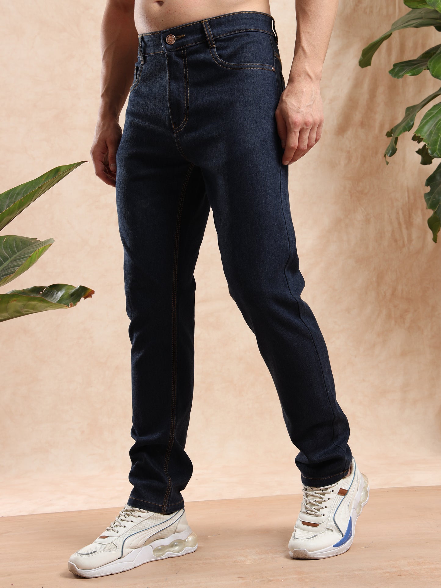 a slim fit men, dark wash jeans with pockets