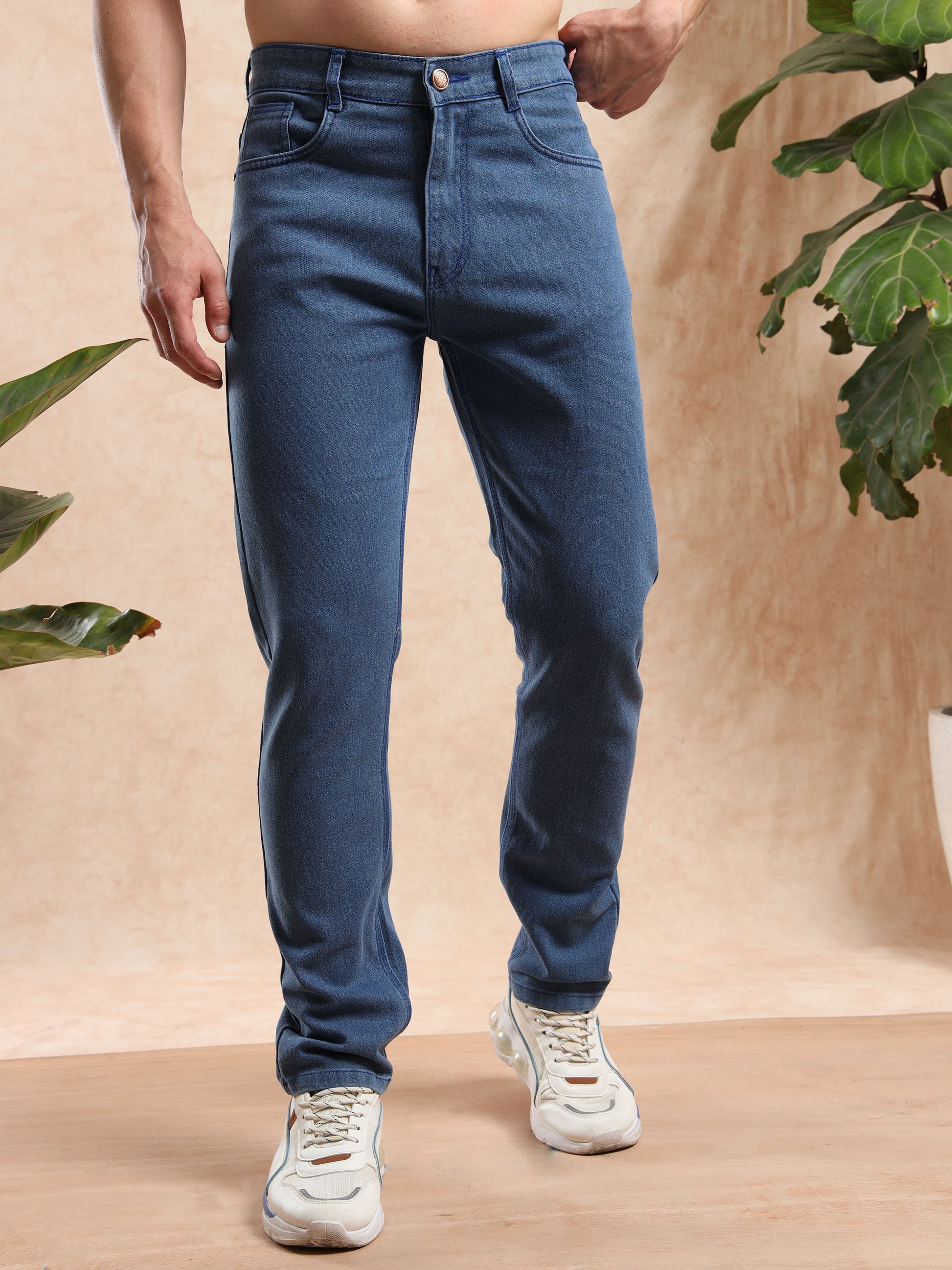men, blue slim fit jeans with button closure