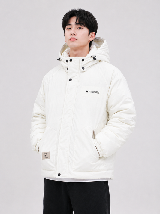 Men's white hooded puffer jacket with insulated padding, high-neck snap button closure, full sleeves, and side pockets
