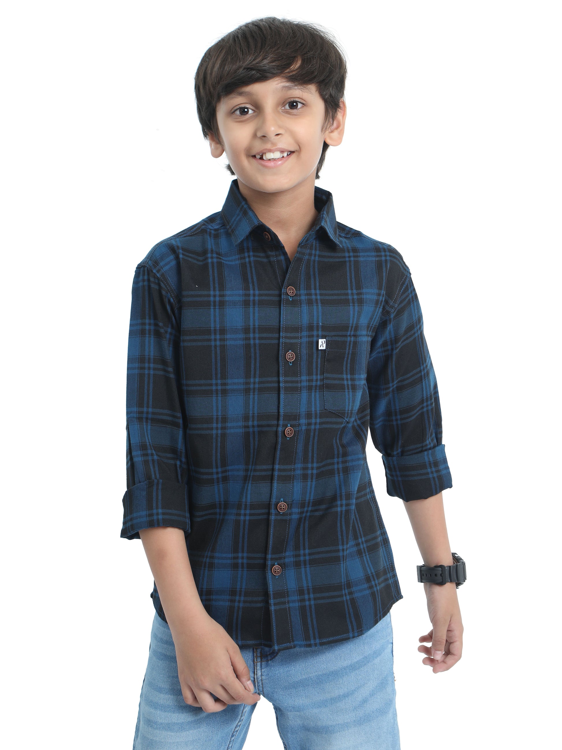 Cotton Tiger Checks Boys Navy Blue Shirt