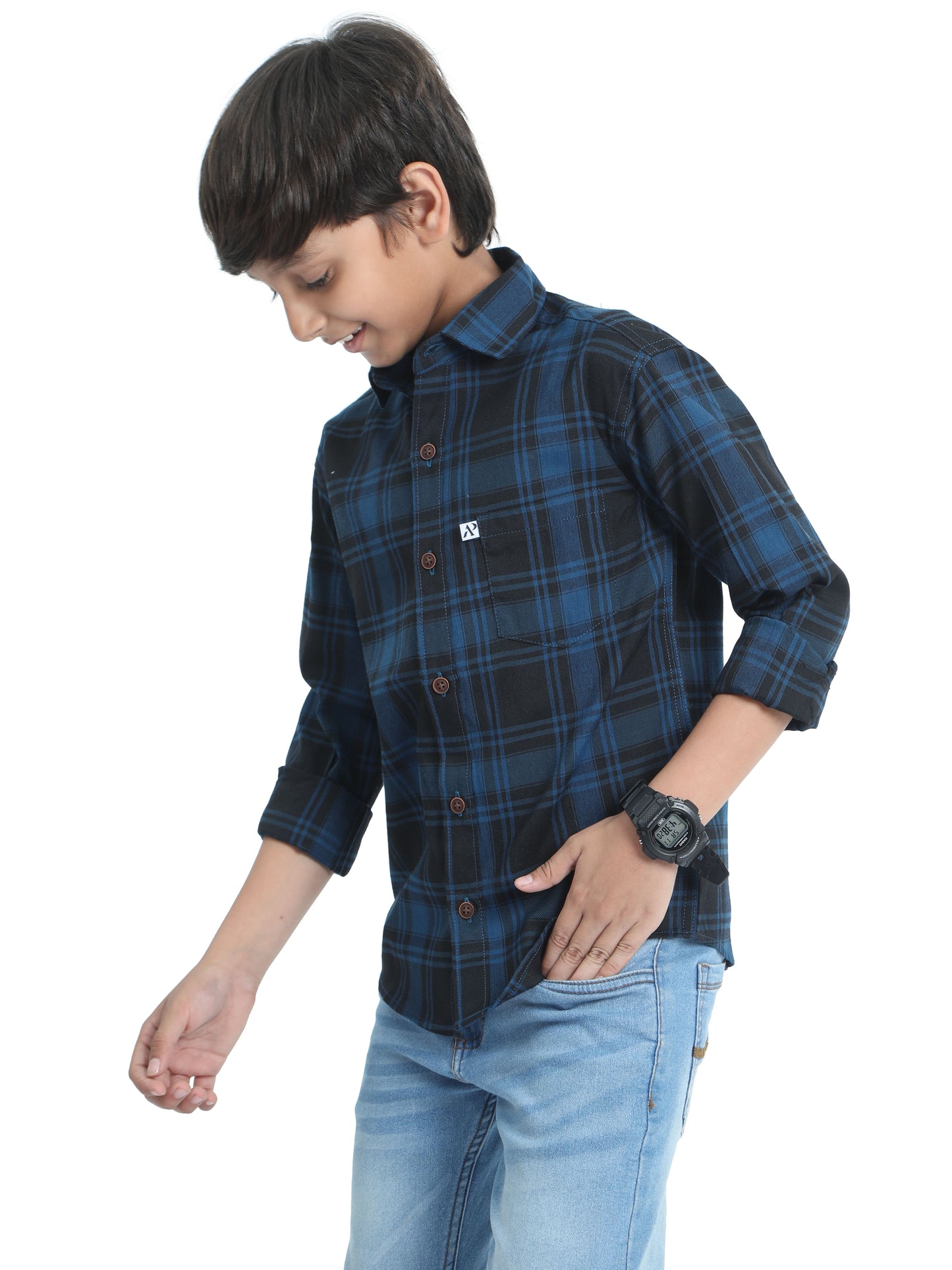 Cotton Tiger Checks Boys Navy Blue Shirt