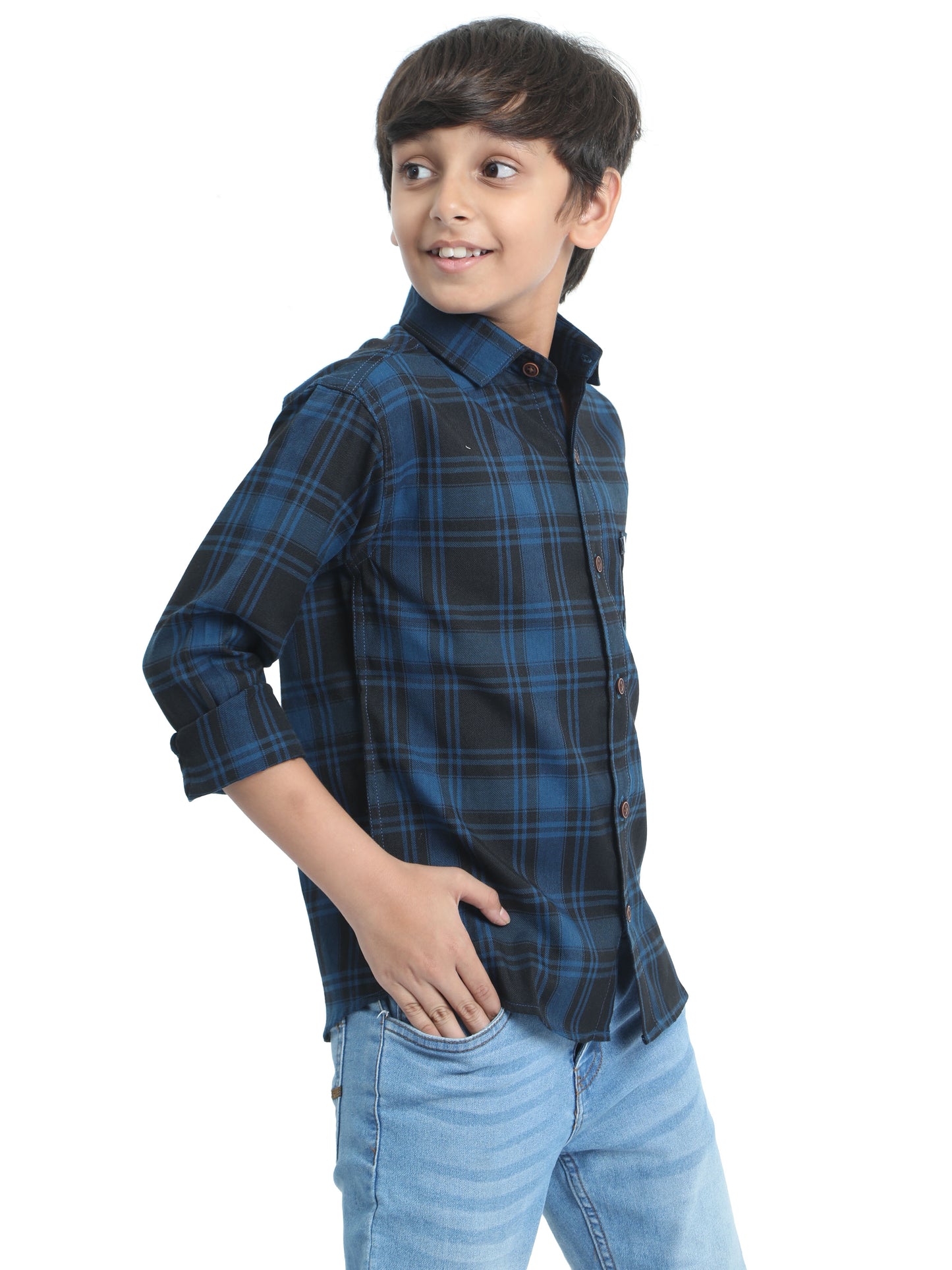 Cotton Tiger Checks Boys Navy Blue Shirt
