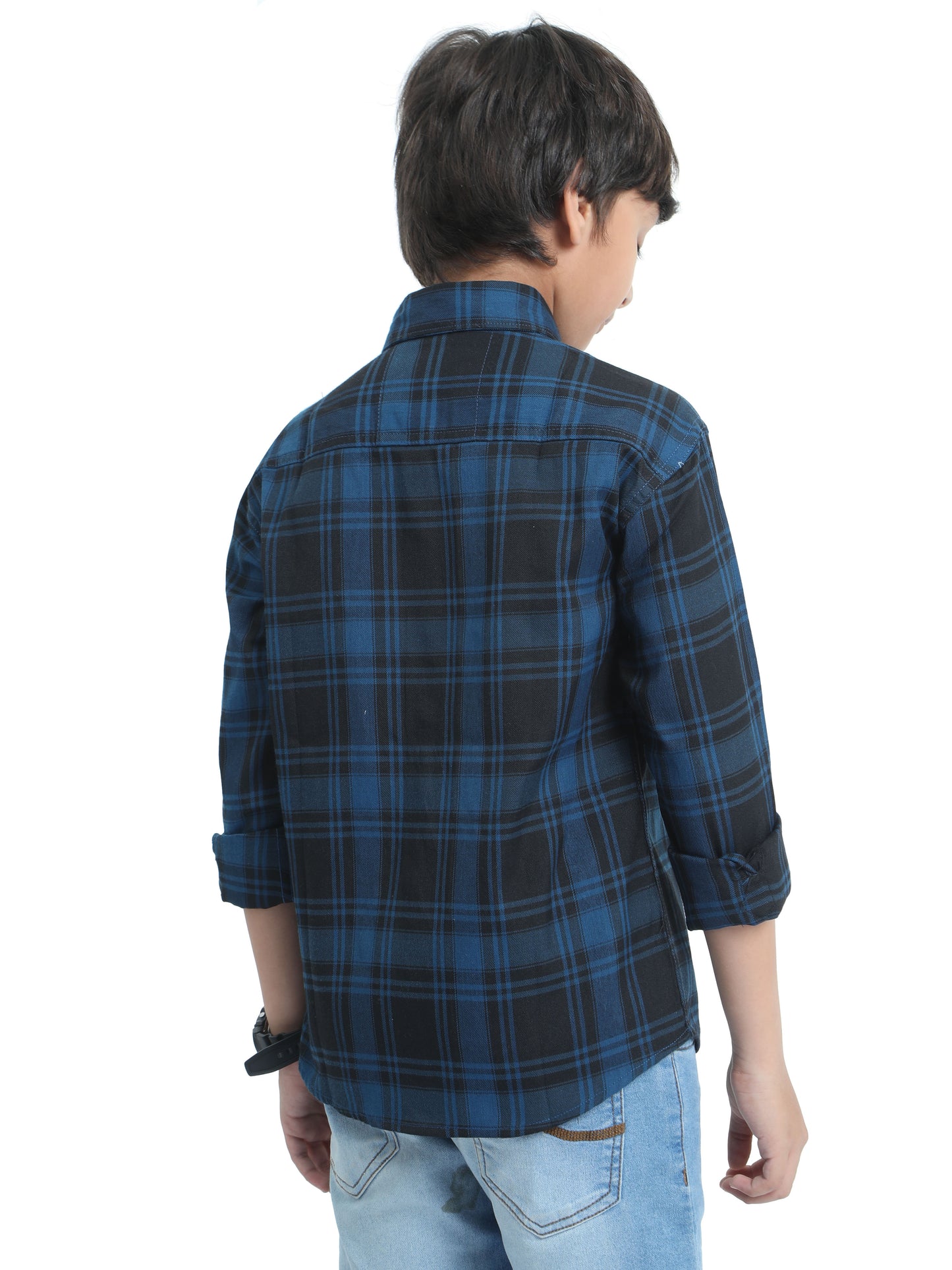 Cotton Tiger Checks Boys Navy Blue Shirt