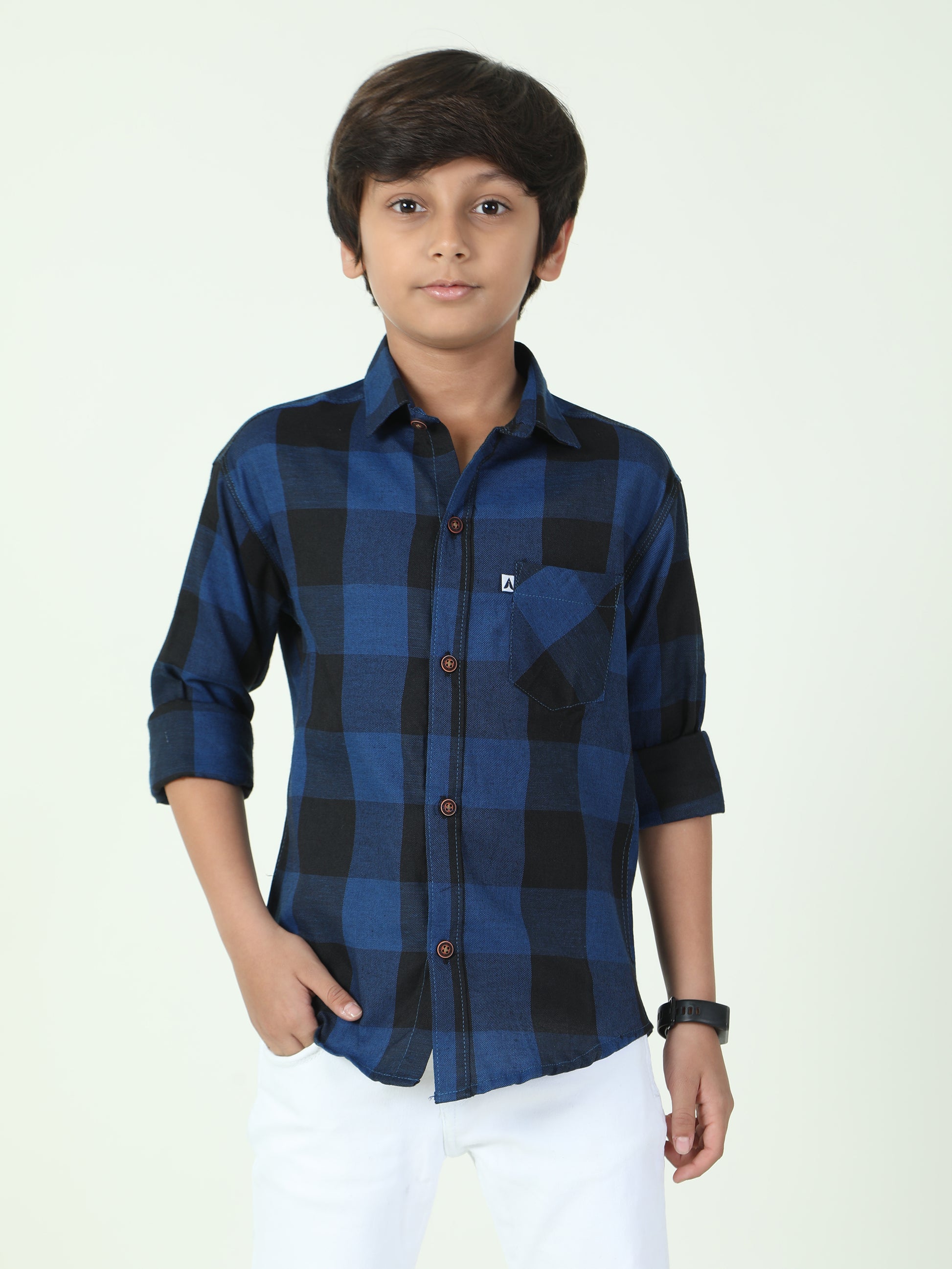 Tomtom Navy Cotton Boys Plaid Dress Shirt