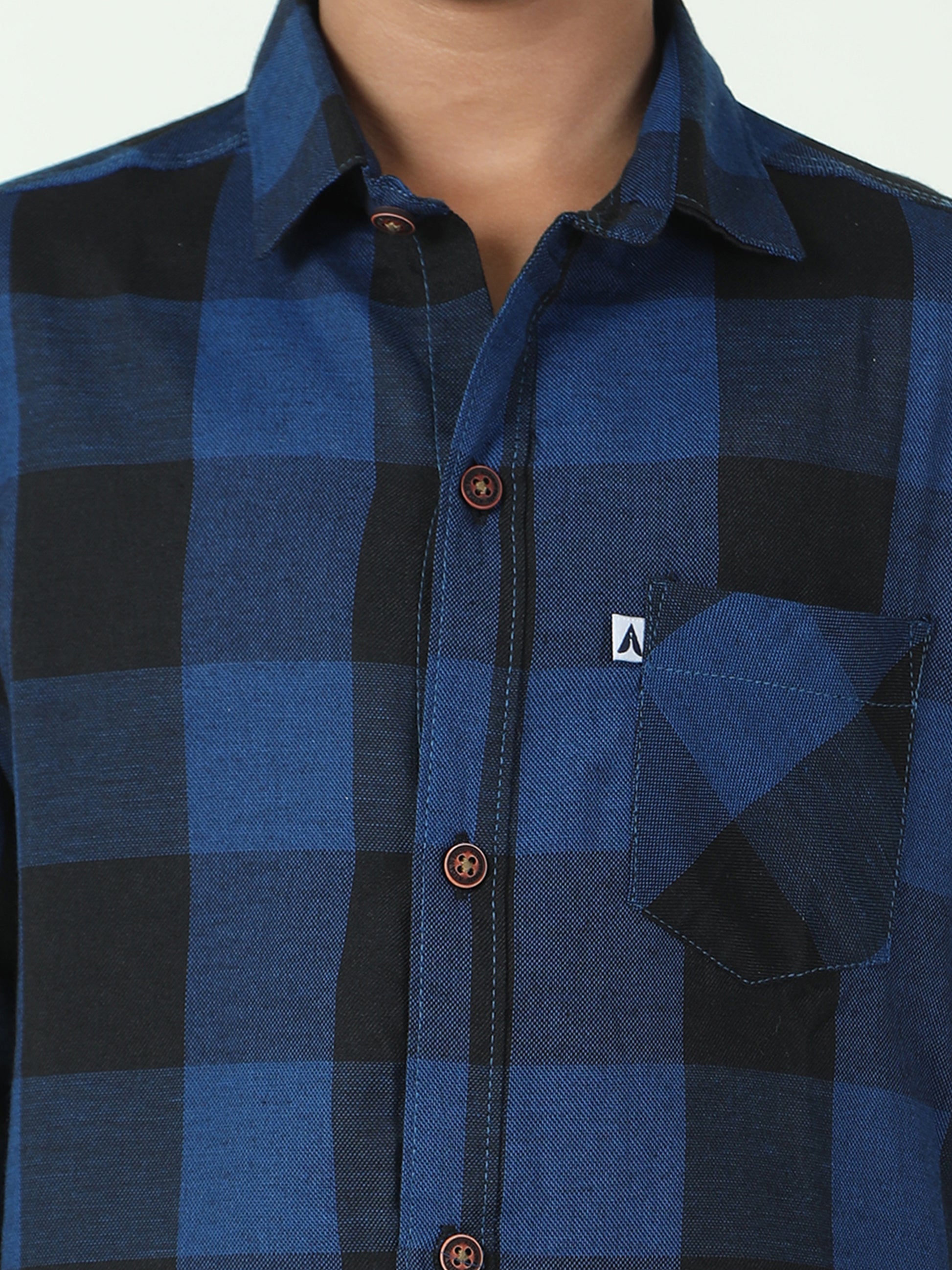 Tomtom Navy Cotton Boys Plaid Dress Shirt