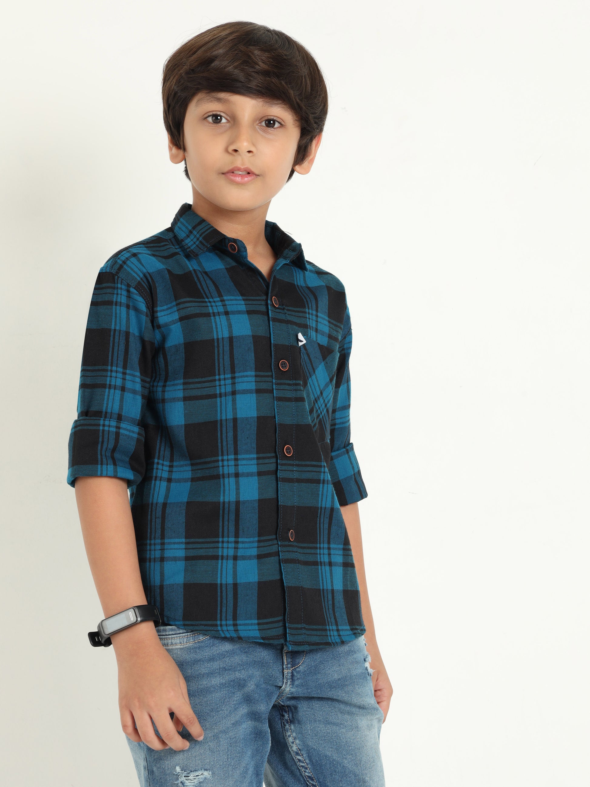 Cotton Blend Checks Wanted Boys Navy Shirt