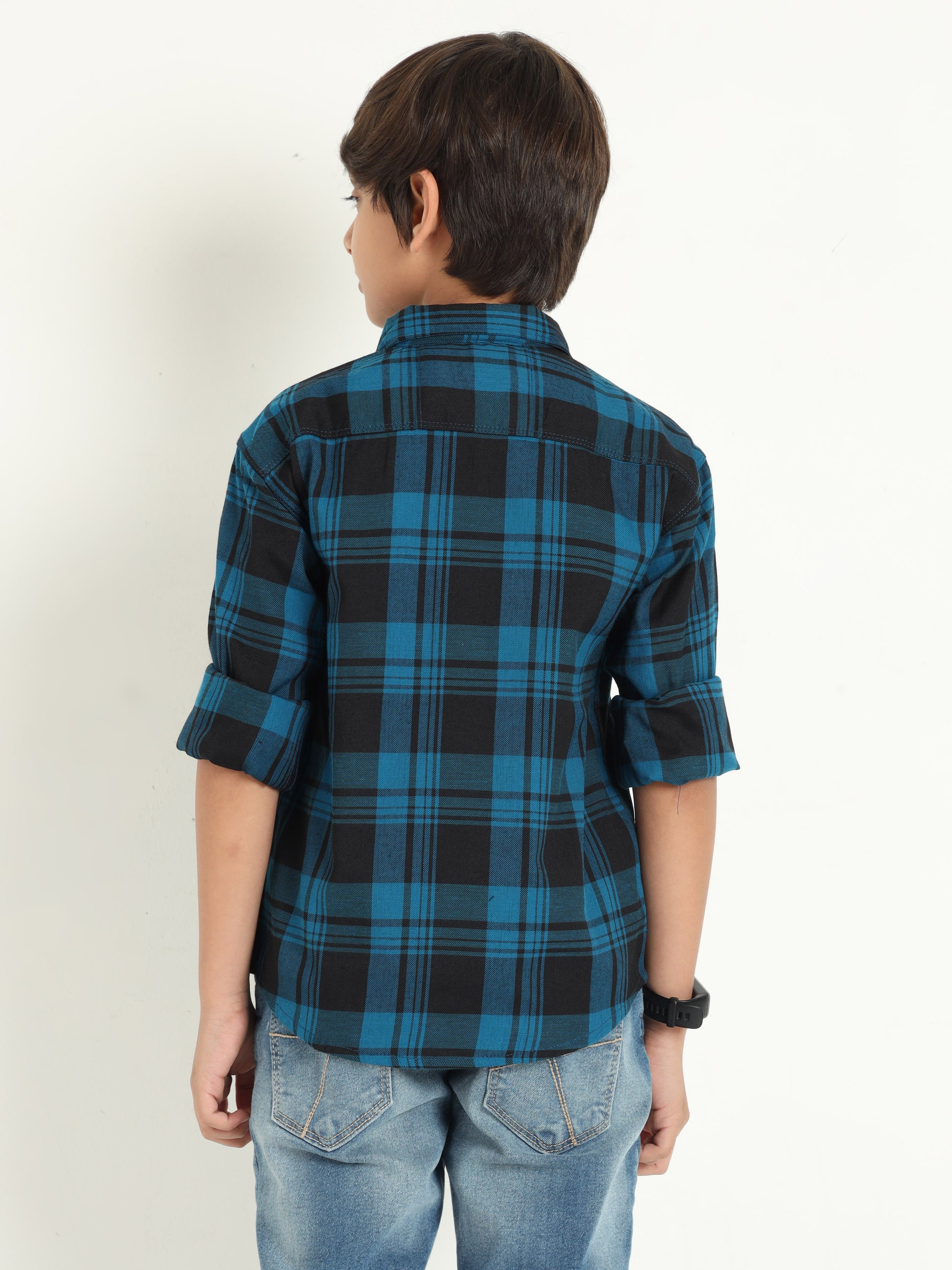 Cotton Blend Checks Wanted Boys Navy Shirt