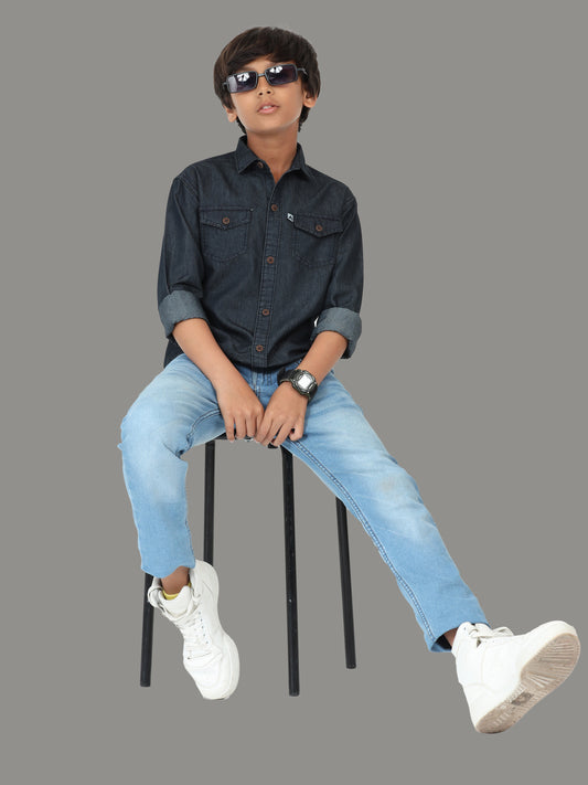  Plain Double Pocket Kids Black Shirt With Cut Away Collar