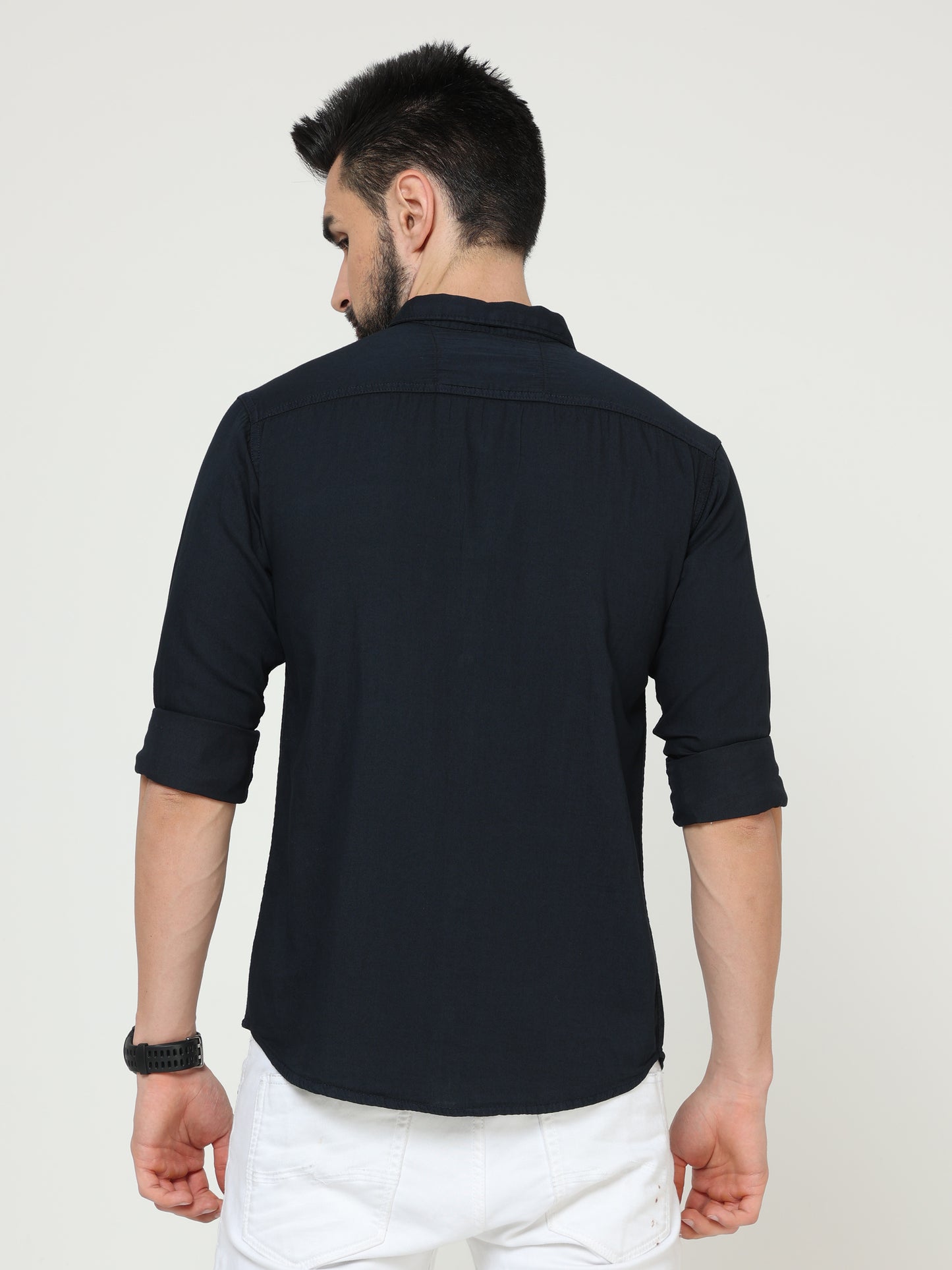 Solid Plain Single Pocket Cut Away Collor Denim Full Sleeve Shirt For Men