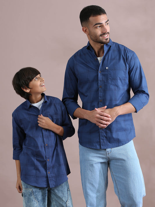  6line Navy Checked Dad & Son Matching Shirts Combo