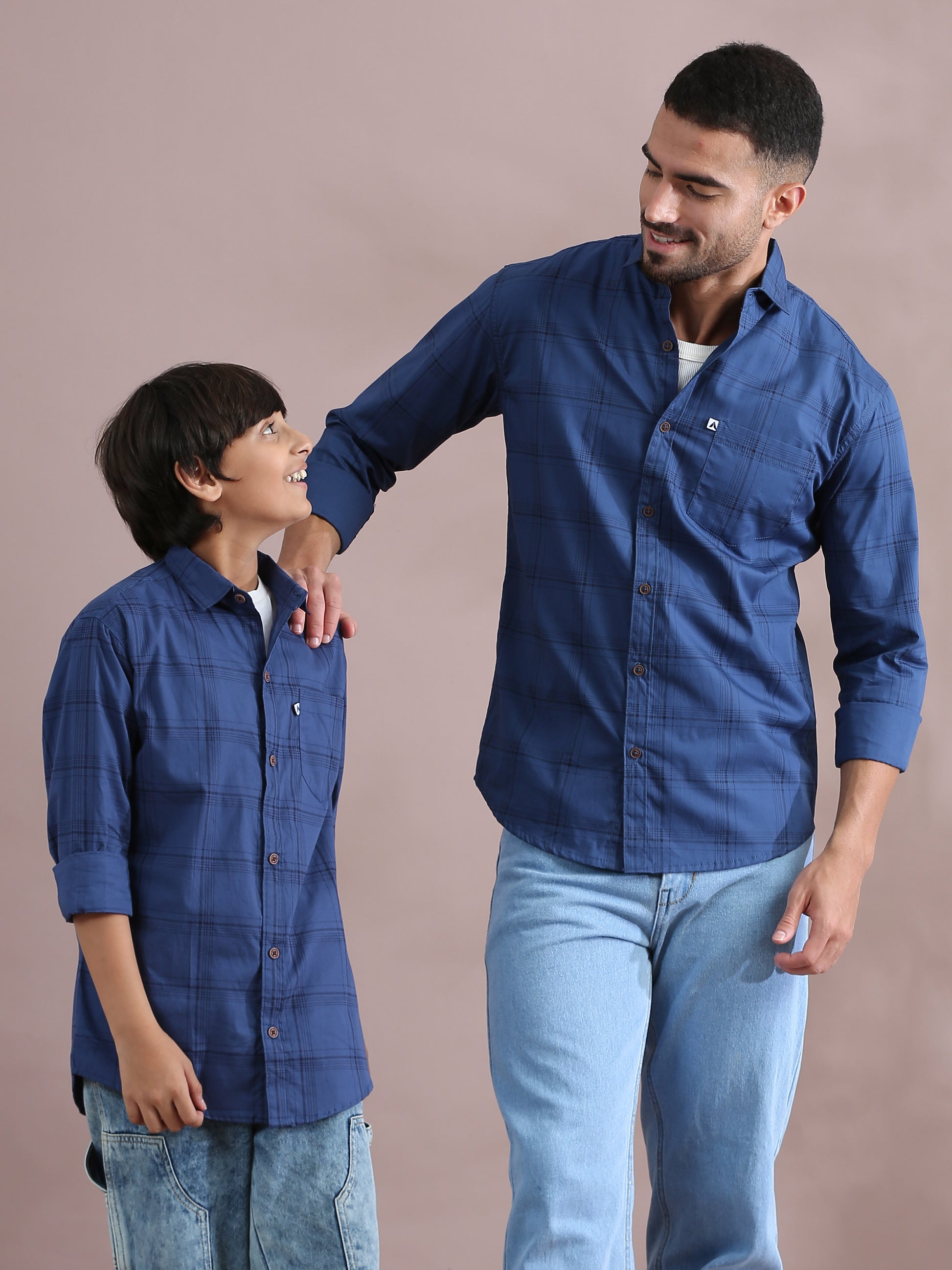  6line Navy Checked Dad & Son Matching Shirts Combo