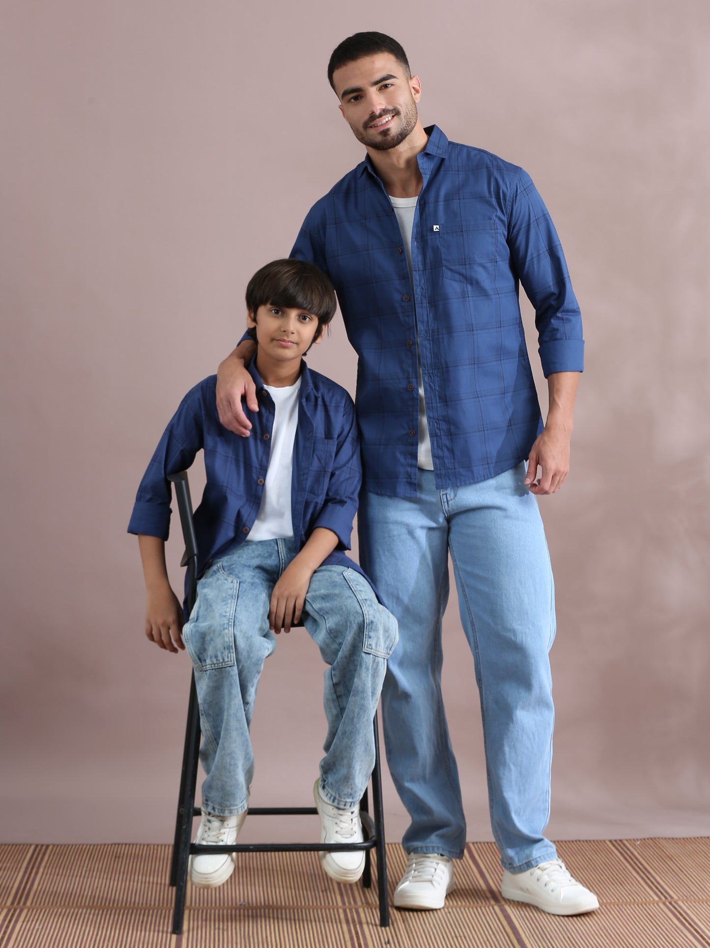  6line Navy Checked Dad & Son Matching Shirts Combo