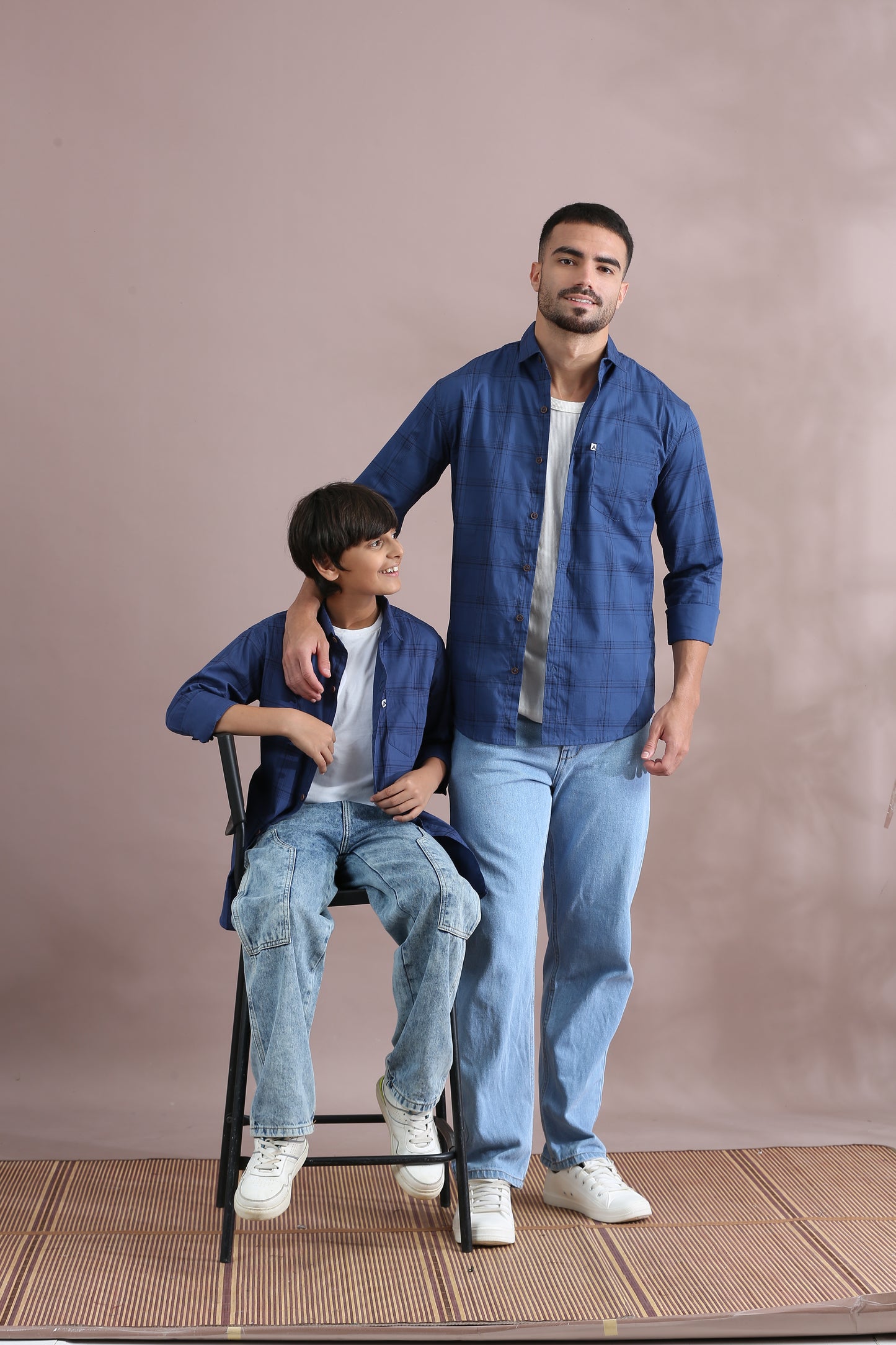  6line Navy Checked Dad & Son Matching Shirts Combo