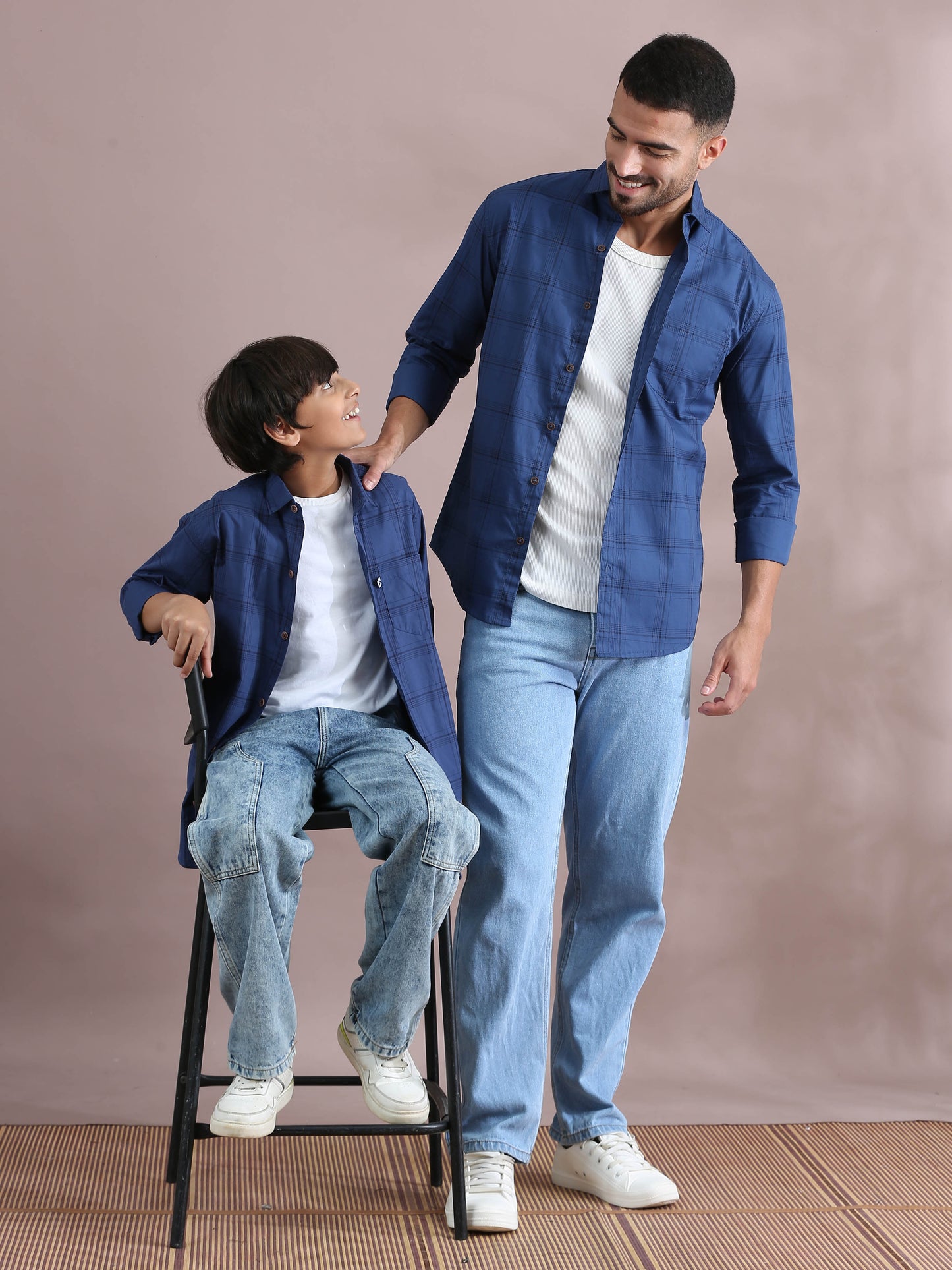  6line Navy Checked Dad & Son Matching Shirts Combo