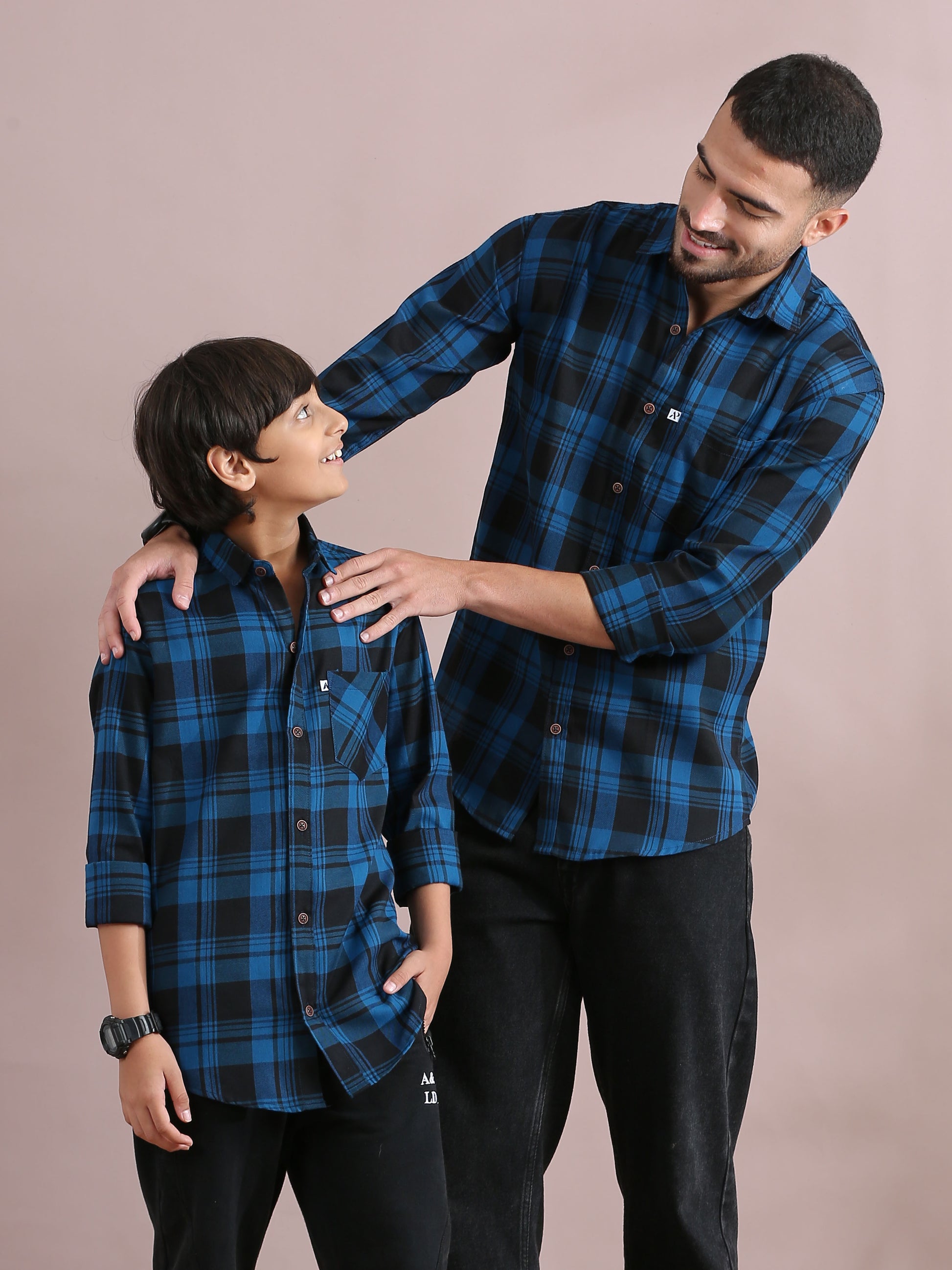 Wanted Navy Checked Father Son Combo Shirts