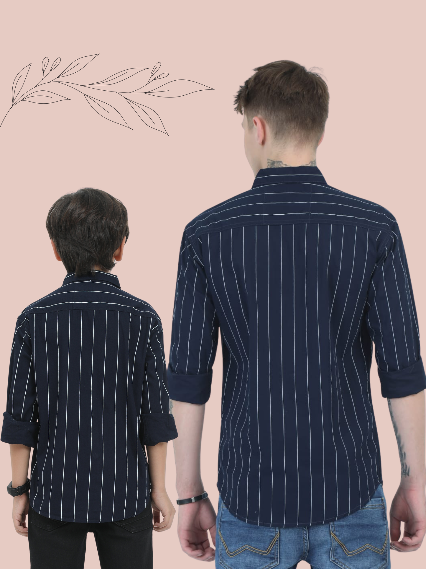 Two people wearing navy pinstripe shirts on a beige background