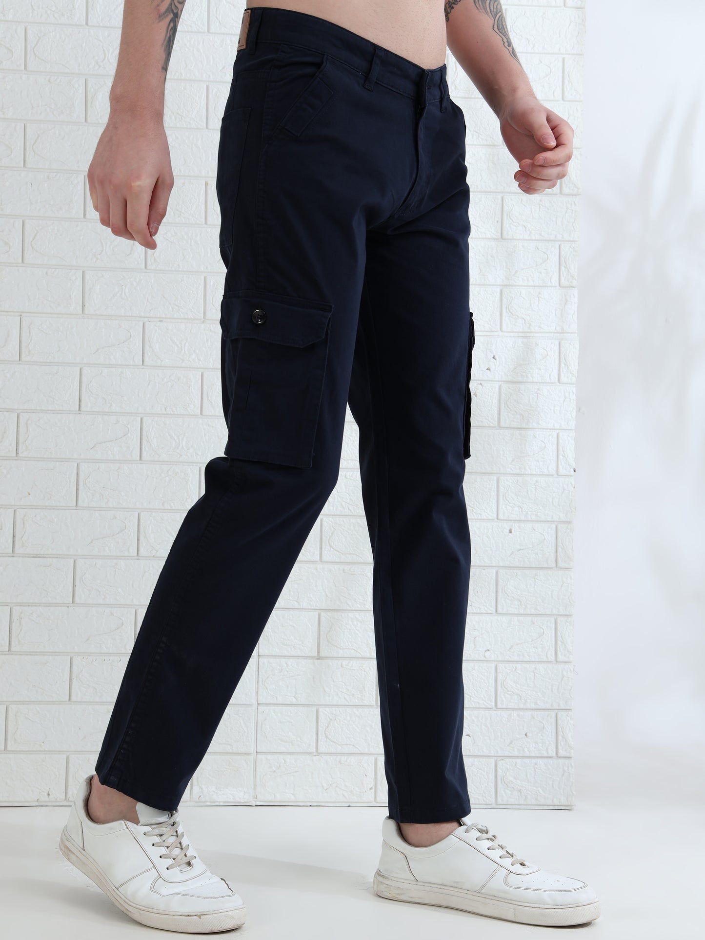 Trendy men's cotton cargos in dark blue with clean straight fit style
