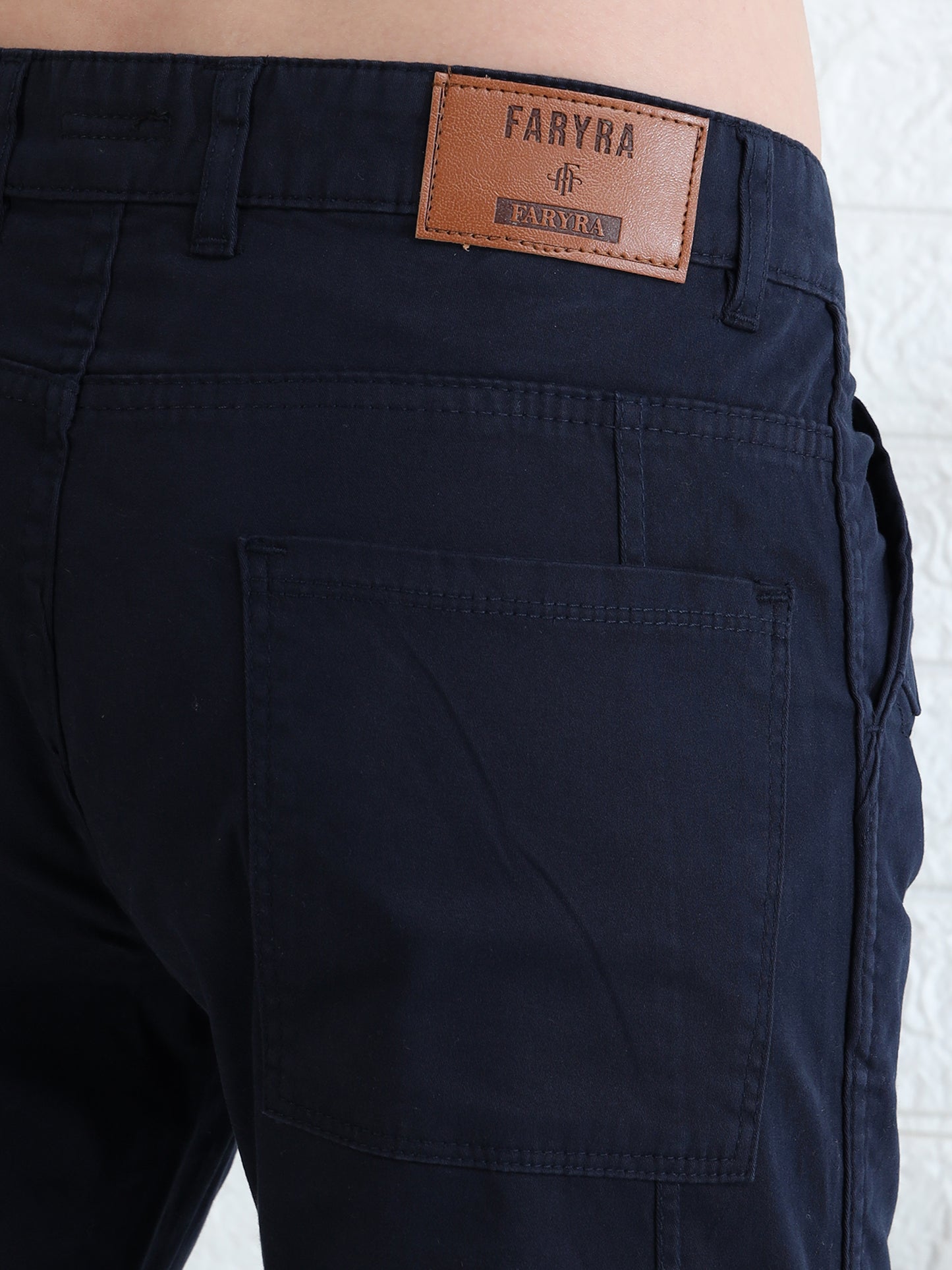 Men's slim fit navy cotton cargo trousers with durable fabric