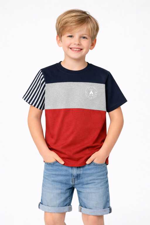 Boys Colourblocked half Sleeves T-Shirt | Maroon, & Navy Cotton Tee with Striped Sleeve