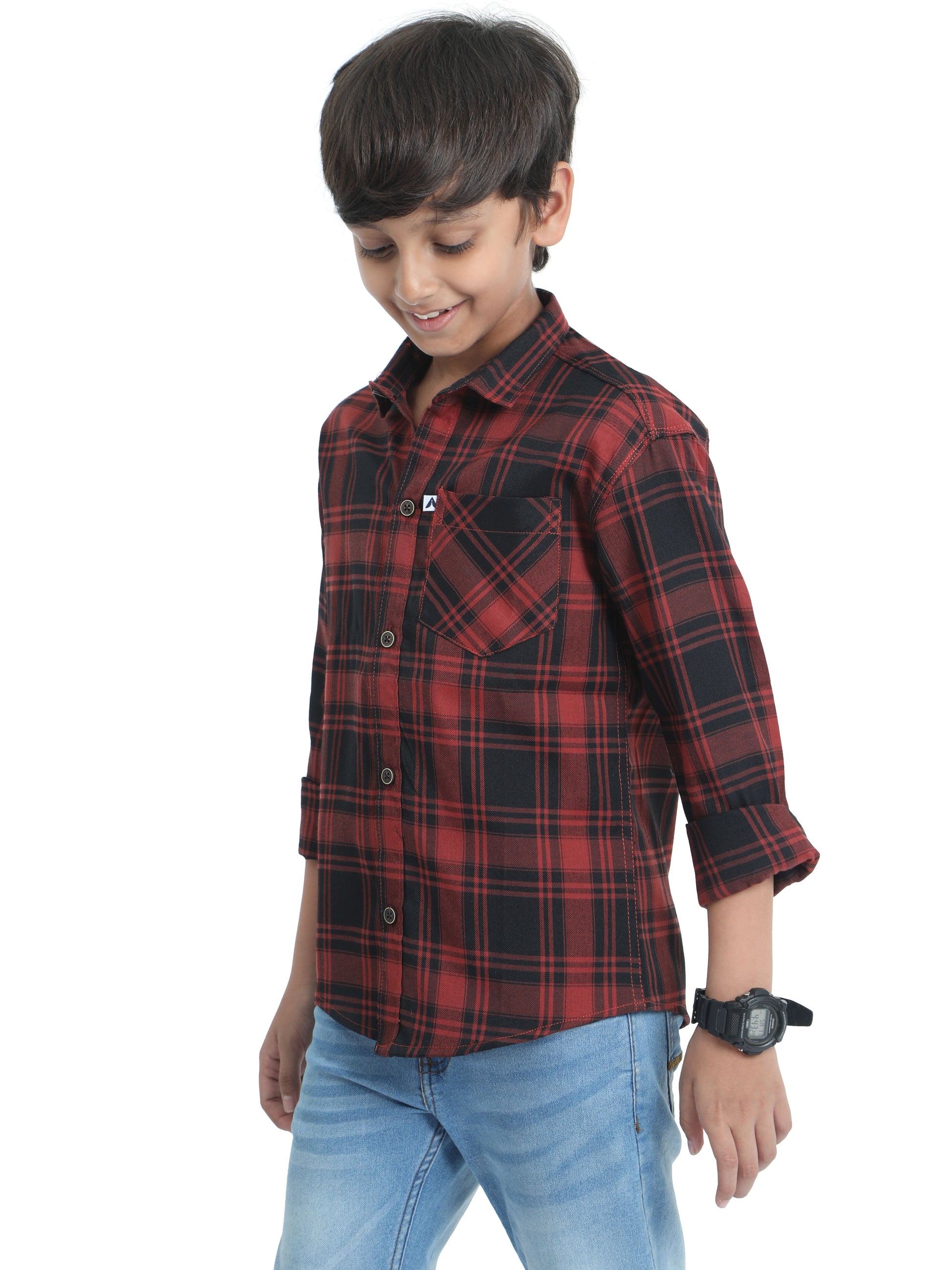 Tiger Cotton Checks Boys Orange Shirt