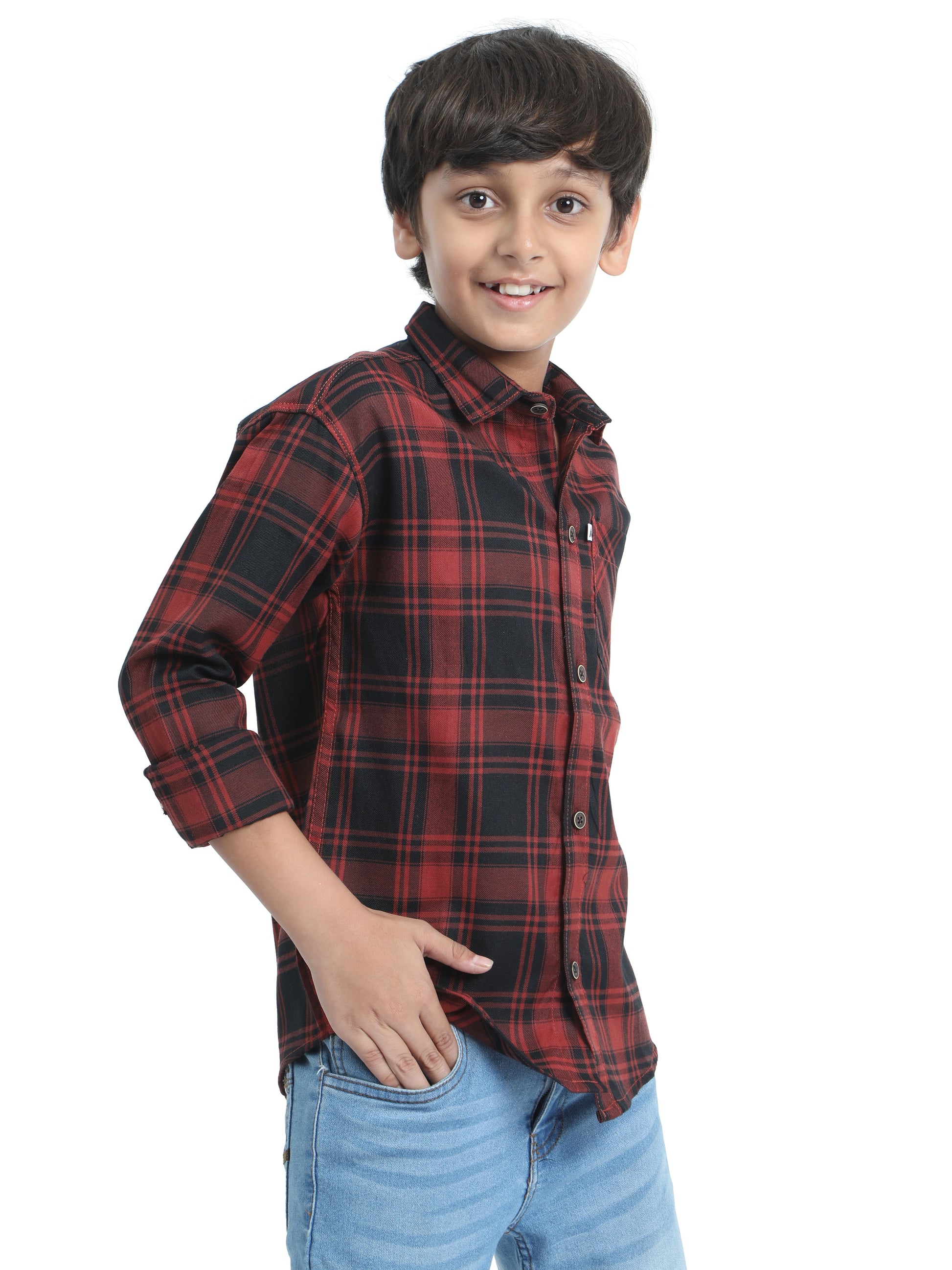 Tiger Cotton Checks Boys Orange Shirt