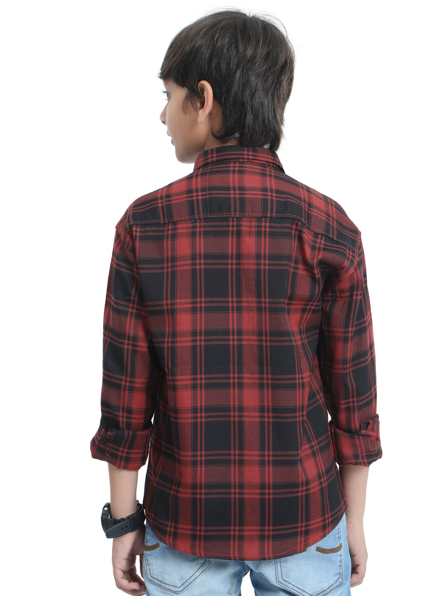 Tiger Cotton Checks Boys Orange Shirt