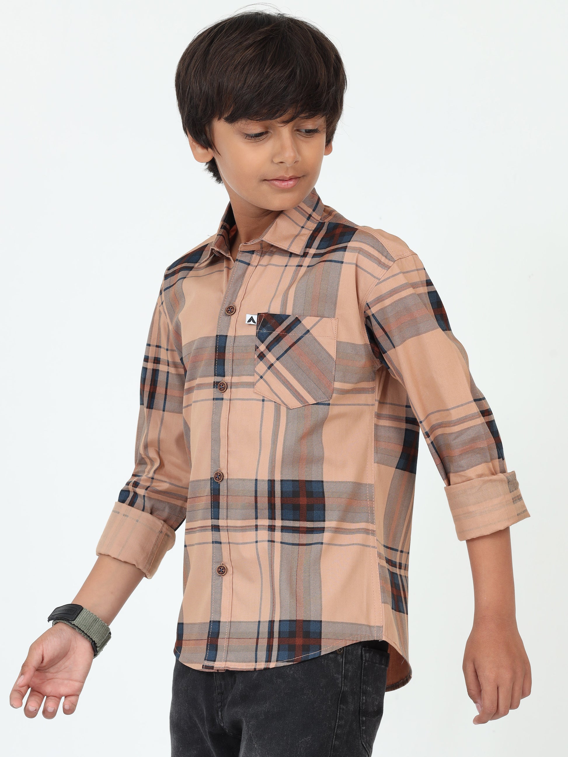 Orange Broadchecks Cotton Blend Kids Boys Shirts