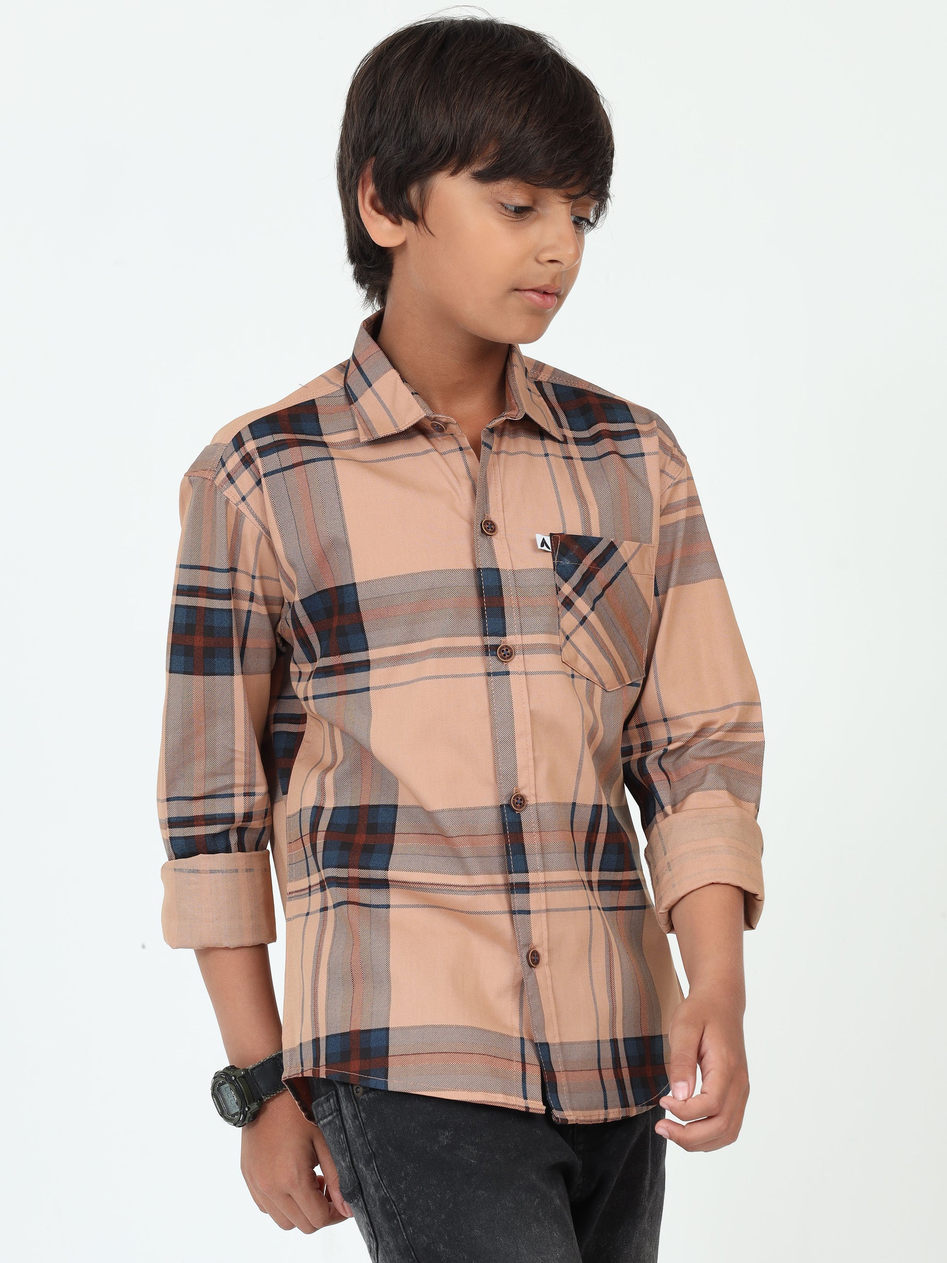 Orange Broadchecks Cotton Blend Kids Boys Shirts